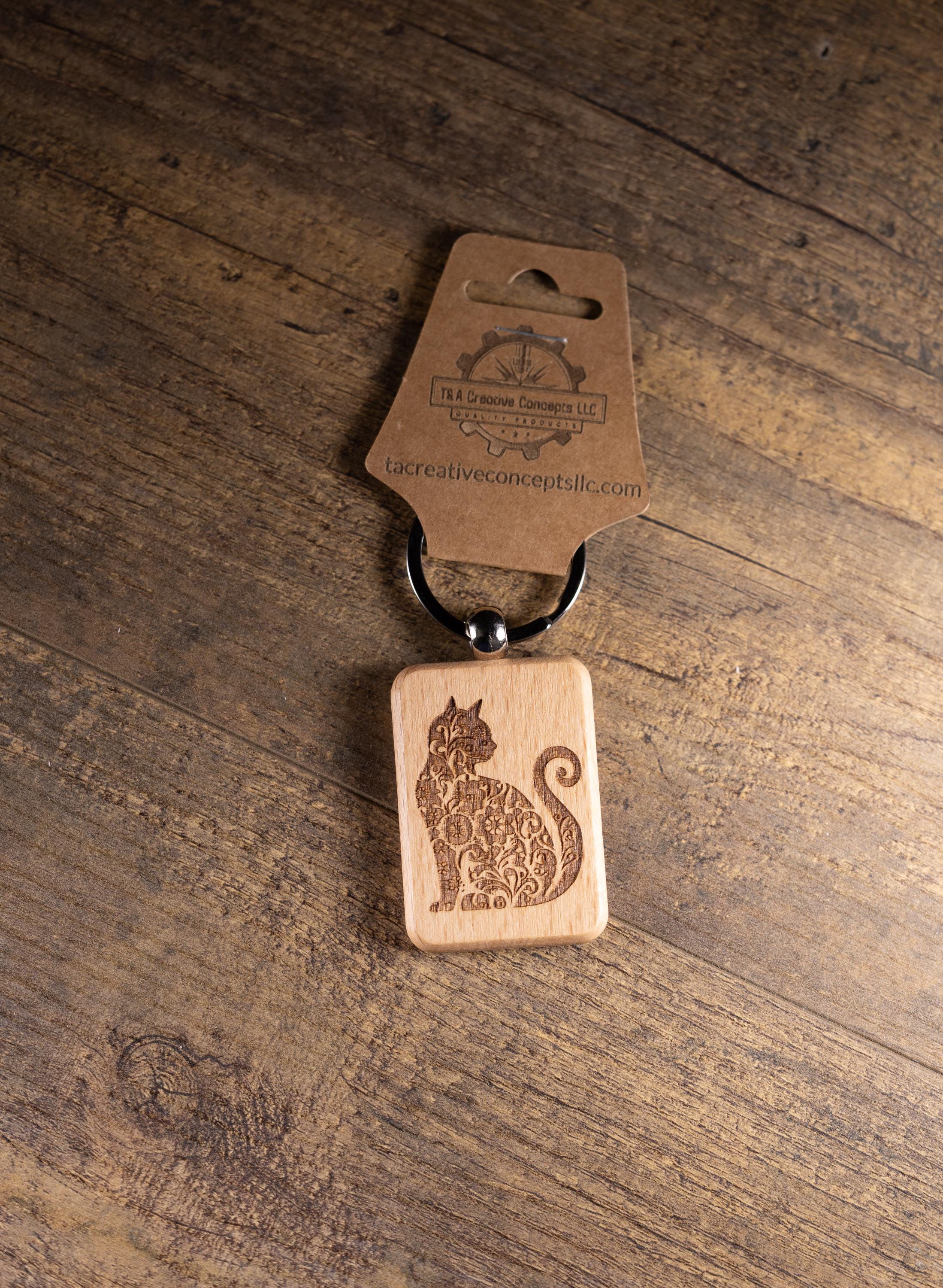 Cat Keychain – Handmade Hardwood Bag Charm with Laser Engraved Wood Design