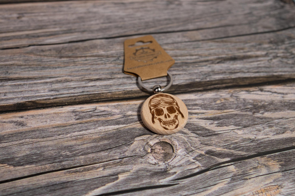 Motorcycle Skull Keychain – Double Sided Engraved Hardwood & Stainless Steel Ring