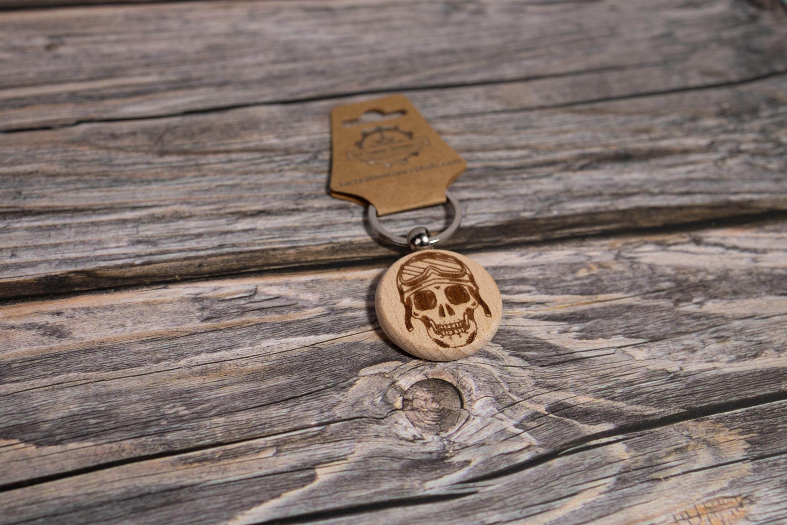 Motorcycle Skull Keychain – Double Sided Engraved Hardwood & Stainless Steel Ring