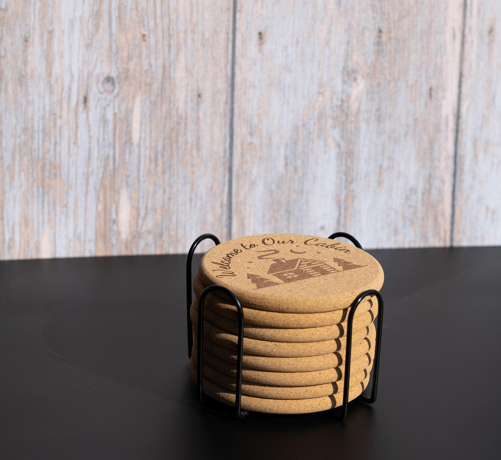 Rustic Cork Coasters - Welcome Cabin Coaster Set of 8 with Holder | Engraved Drink Mats