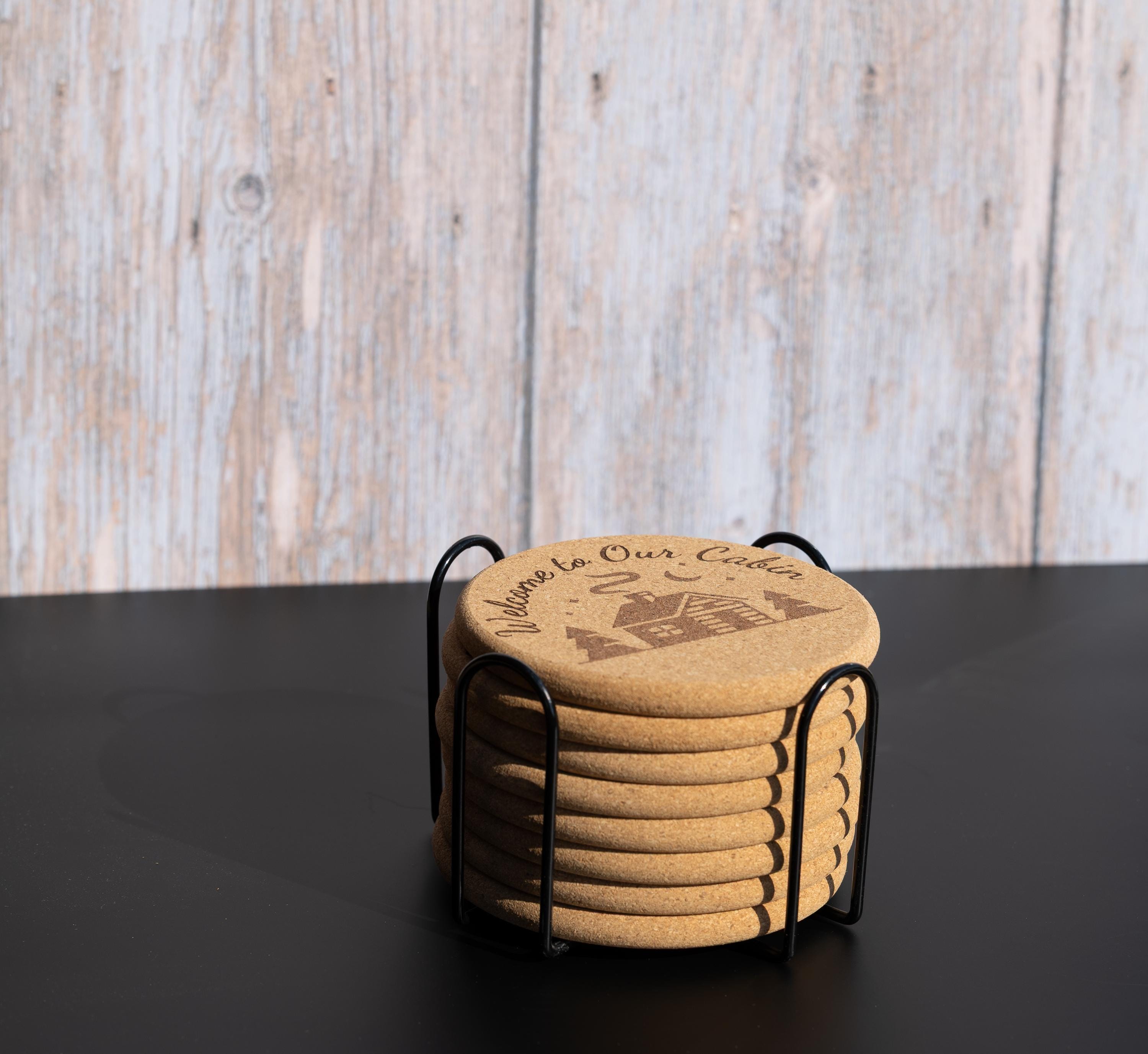 Rustic Cork Coasters - Welcome Cabin Coaster Set of 8 with Holder | Engraved Drink Mats