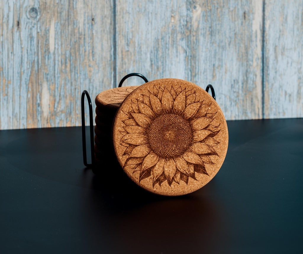 Rustic Cork Coasters - Set of 8 Sunflower Drink Set with Natural Cork Holder