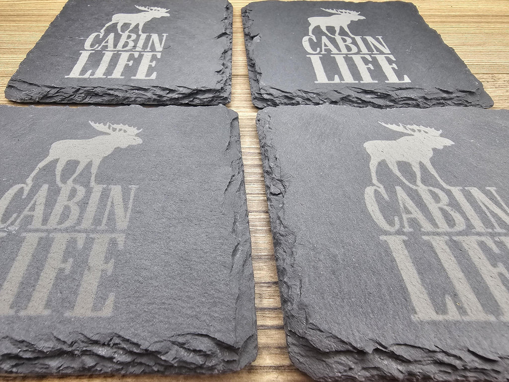 Rustic Slate Coasters – Cabin Life Coasters Set of 4 with Furniture Protection Pads