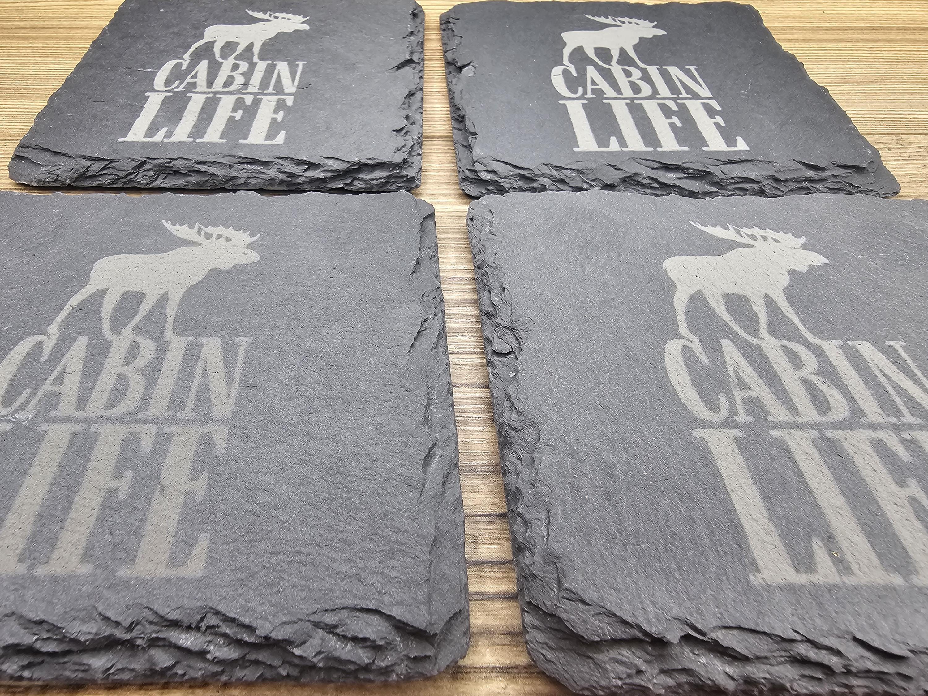 Rustic Slate Coasters – Cabin Life Coasters Set of 4 with Furniture Protection Pads