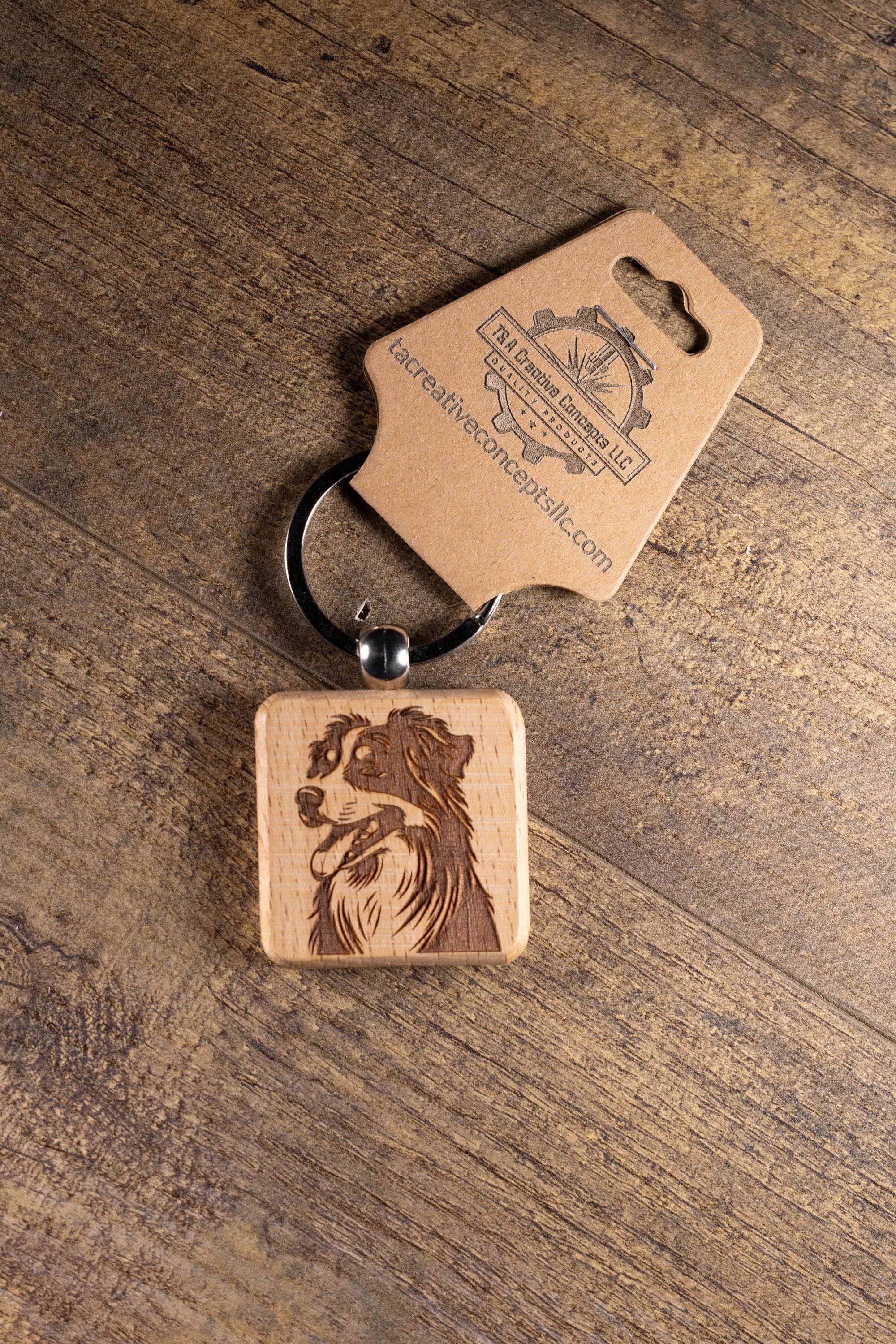 Wooden Dog Keychain - Australian Shepherd Gift | Solid Hardwood Charm, Durable Stainless Steel