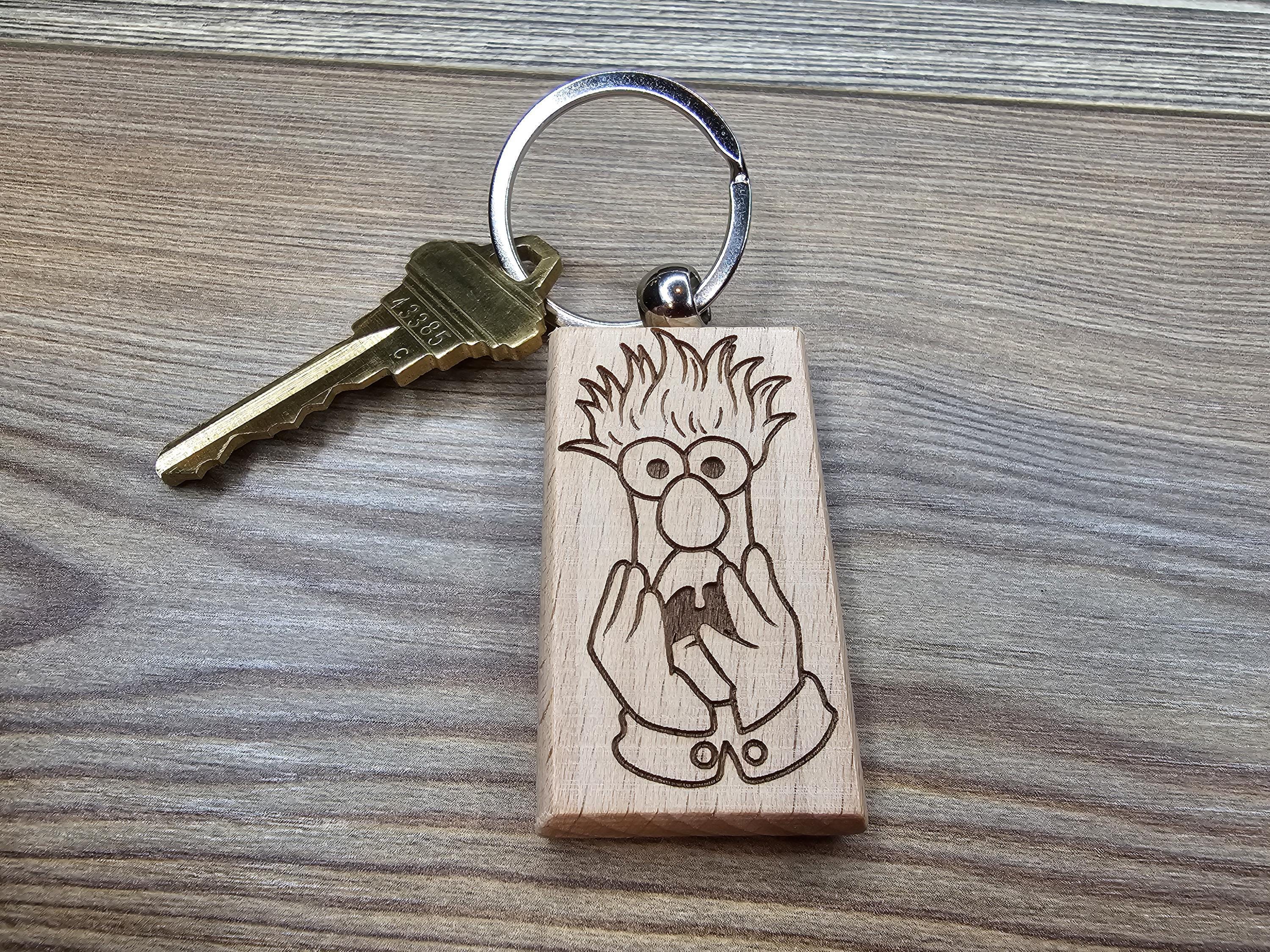 Beaker Muppets Keychain - Double Sided Laser Engraved Wood Charm With Stainless Steel Ring