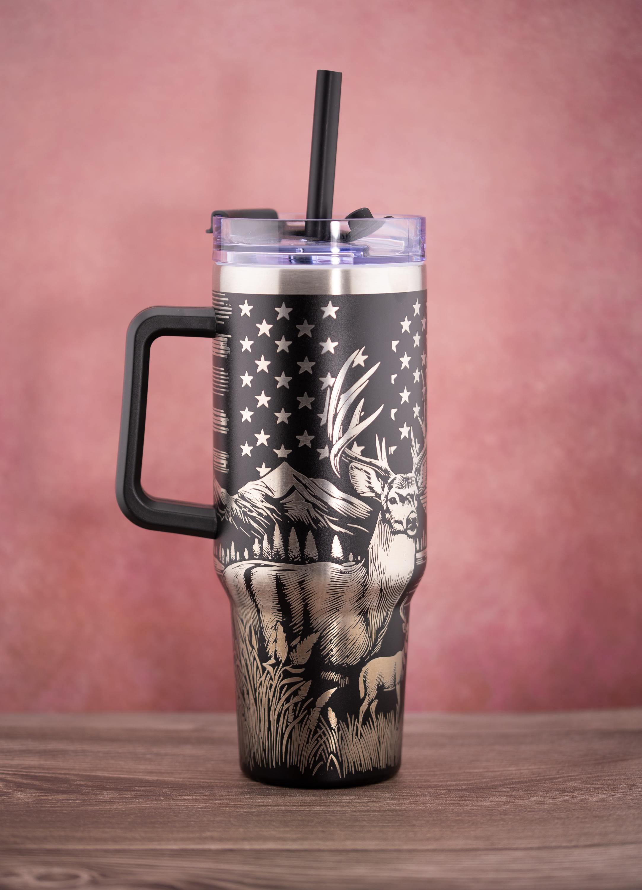 40oz Insulated Tumbler - Laser Engraved Buck And Flag Design | Stainless Steel Cup