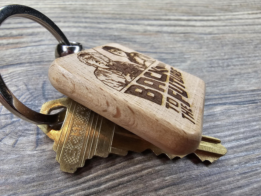 Back to the Future Keychain – Double Sided Hardwood Laser Engraved Charm with Stainless Steel Ring