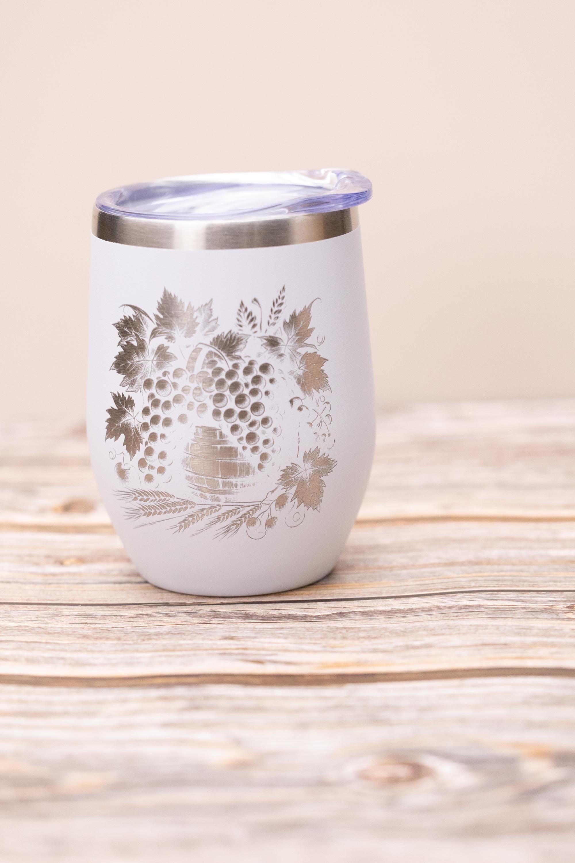 Wine Tumbler - Stainless Steel Cup With Spill Proof Lid & Laser Engraved Grape Design