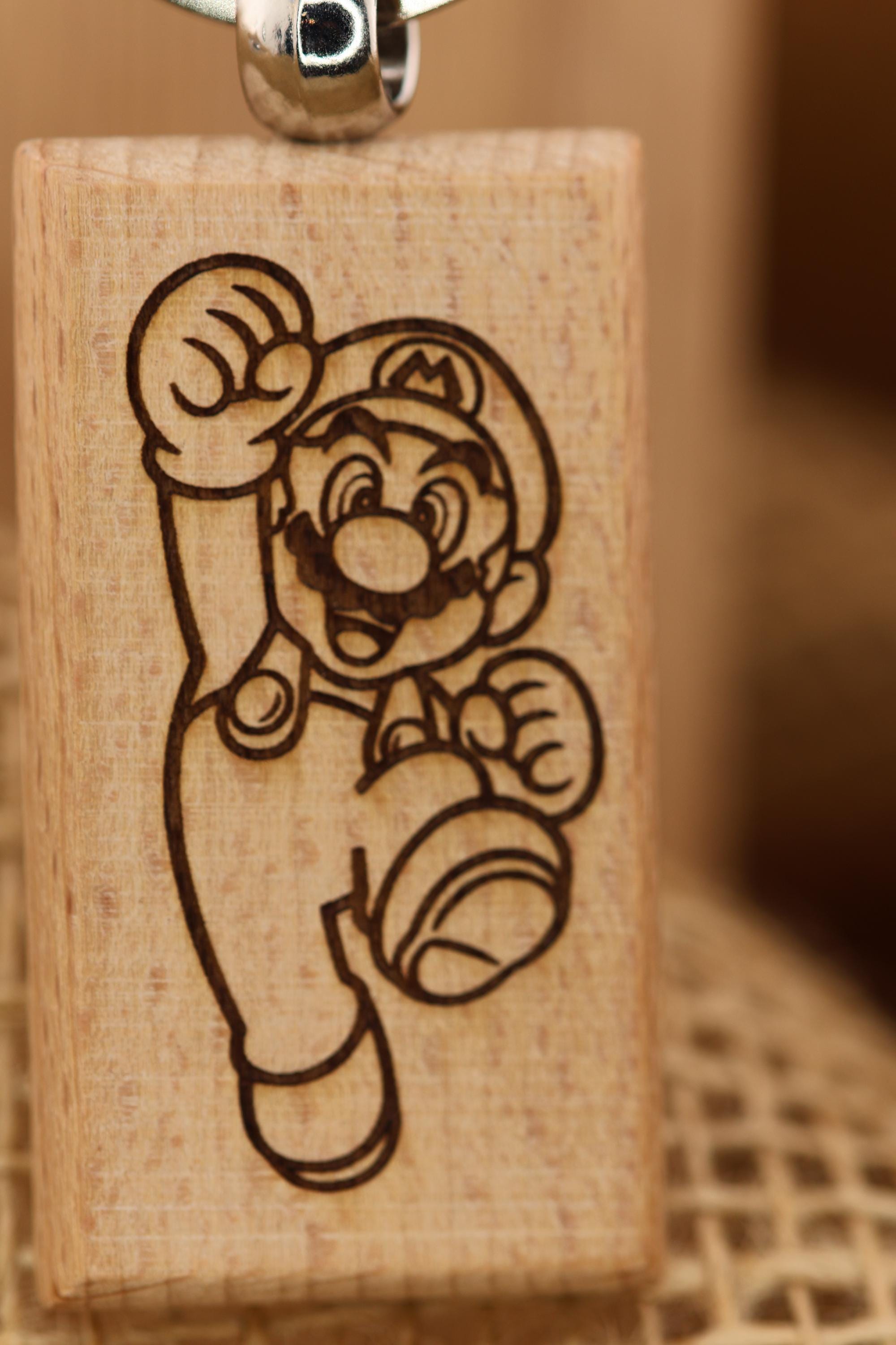 Mario Hardwood Keychain – Double Sided Engraved Hardwood with Stainless Steel Ring