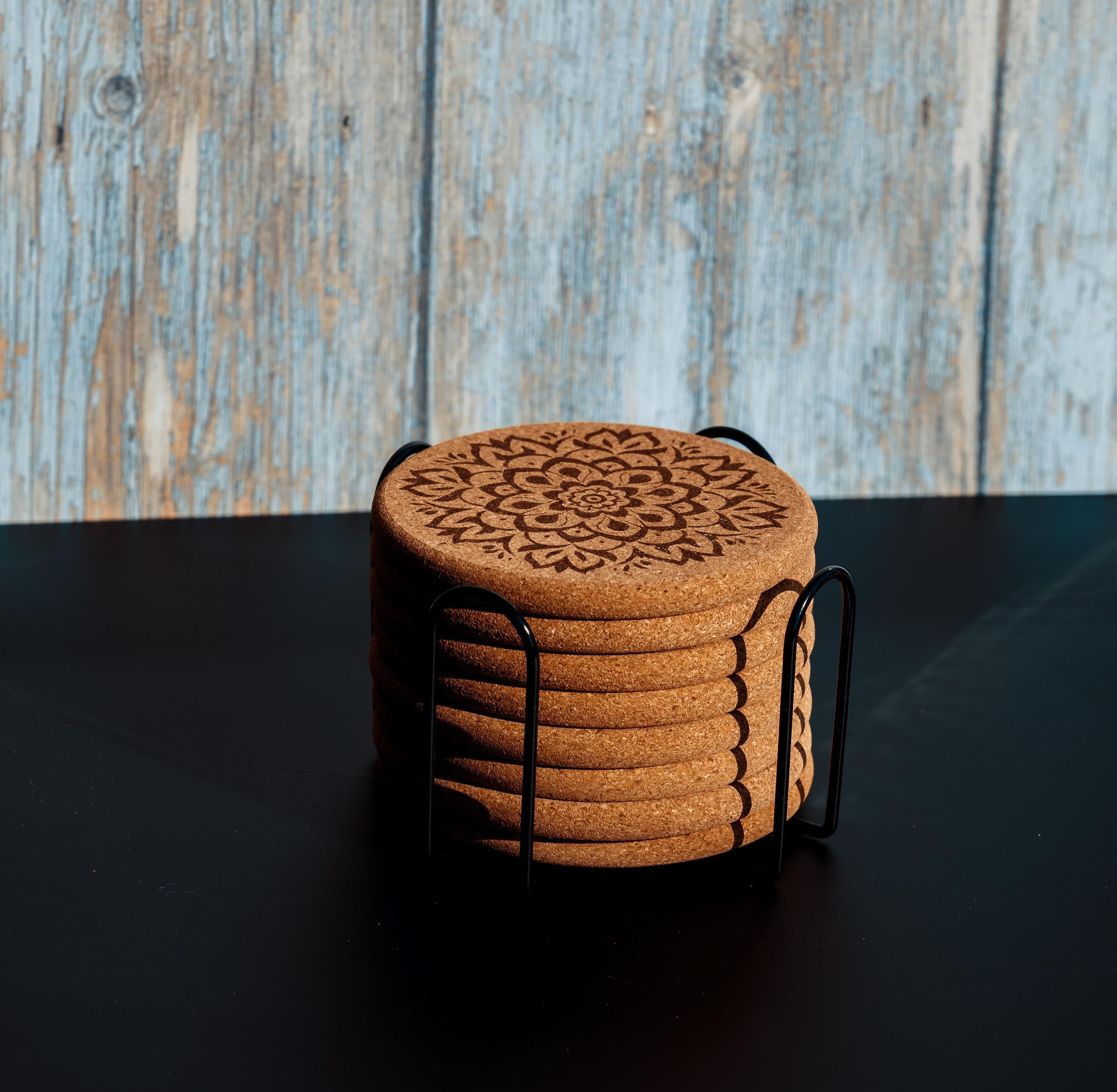 Mandala Cork Coasters Set - Laser Engraved Coaster Set With Holder | Boho Decor