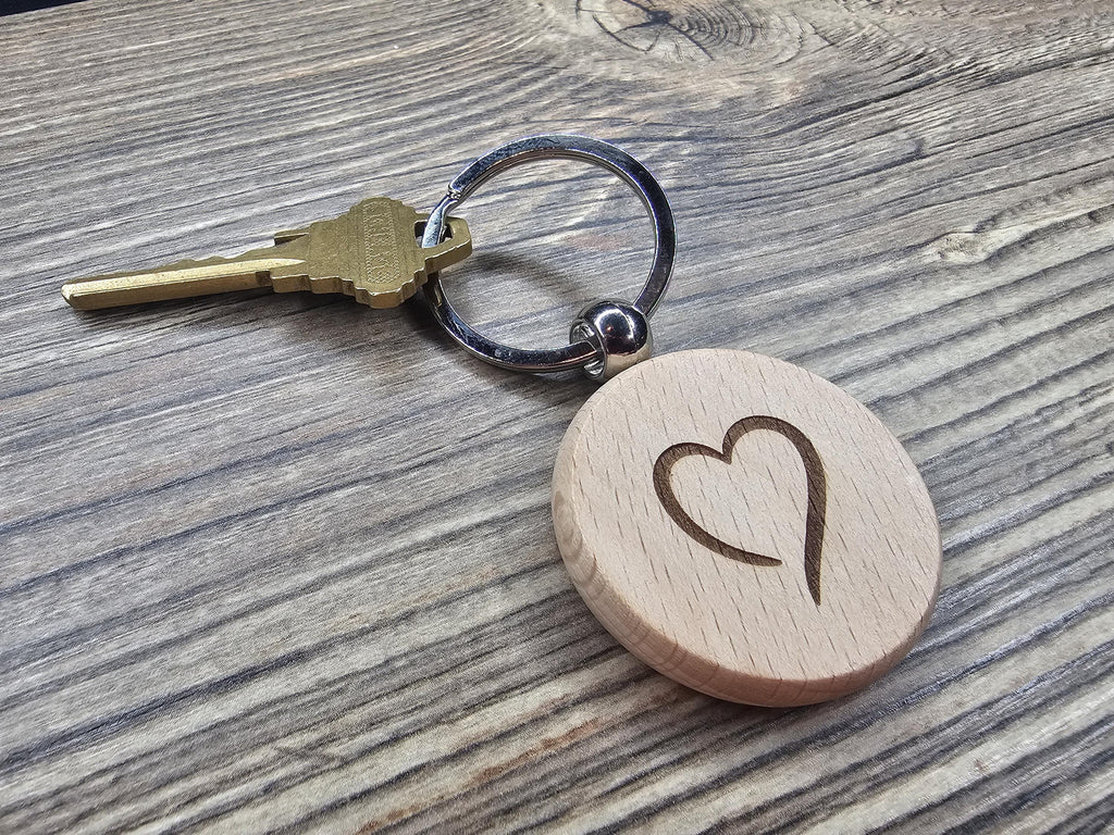 Laser Engraved Heart Keychain - Double Sided Hardwood With Rust Resistant Ring
