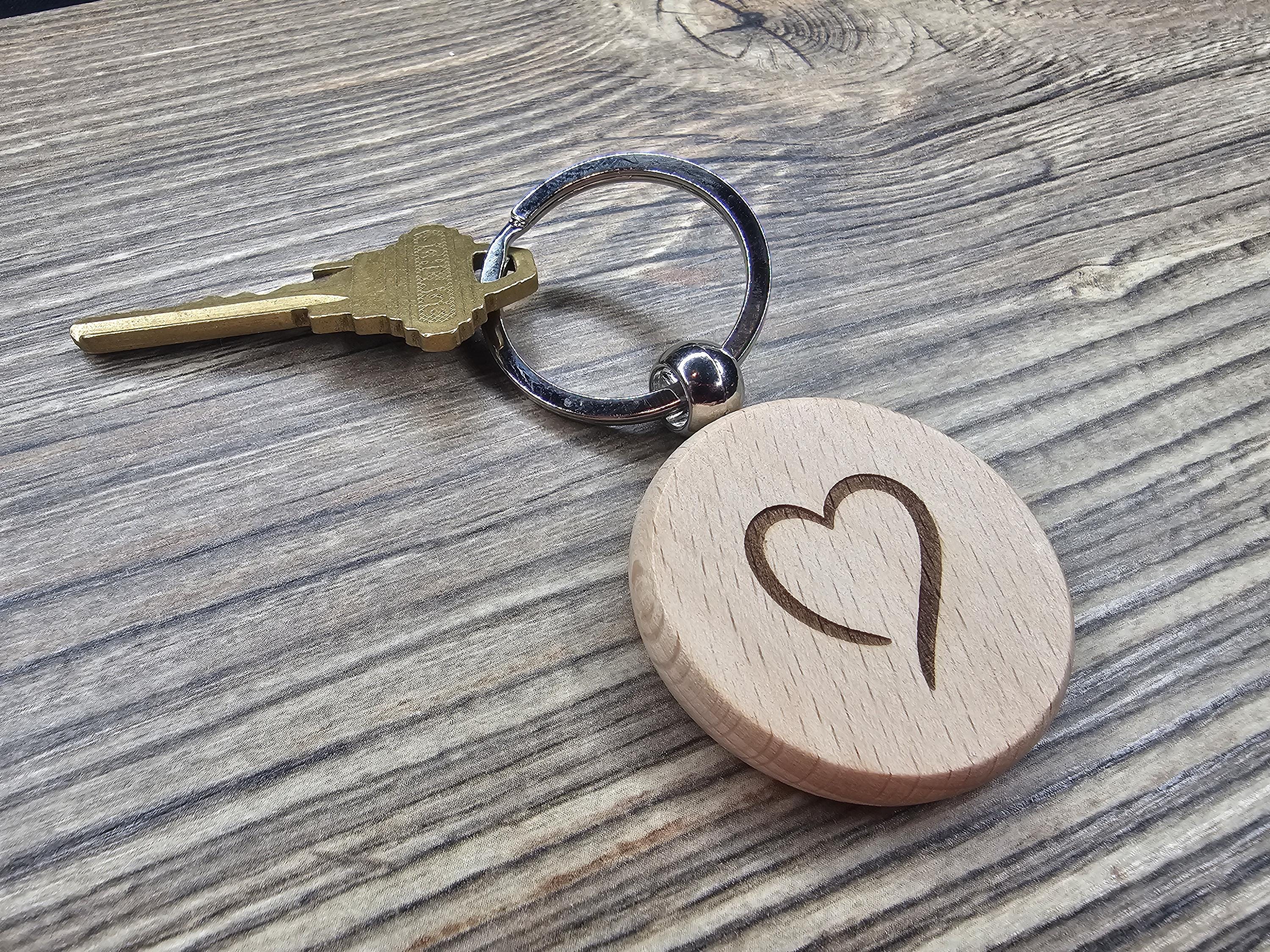Laser Engraved Heart Keychain - Double Sided Hardwood With Rust Resistant Ring