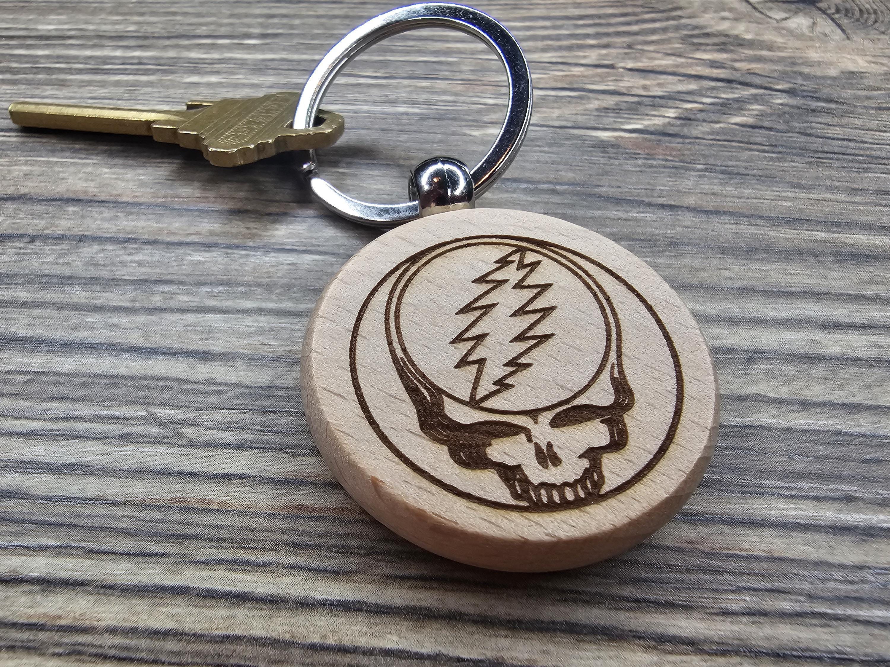 Deadhead Wood Keychain – Double Sided Laser Engraved Steal Your Face Logo Charm