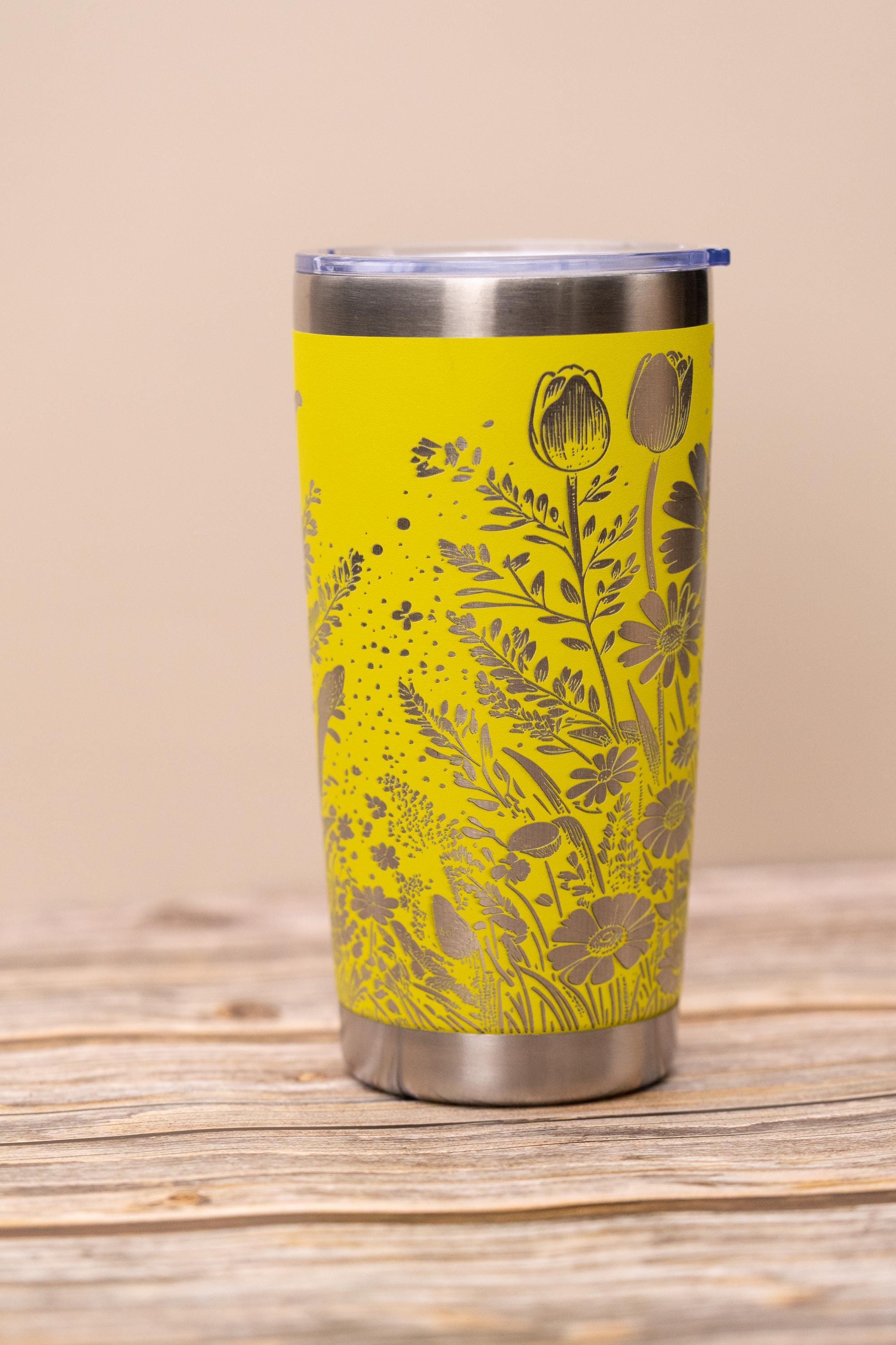 Stainless Steel Tumbler - Floral Wrap Tumbler with Daisy Tulip Design, 20oz Insulated Drinkware