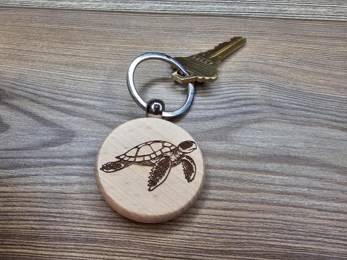 Sea Turtle Keychain – Double Sided Hardwood Charm with Rust Resistant Ring