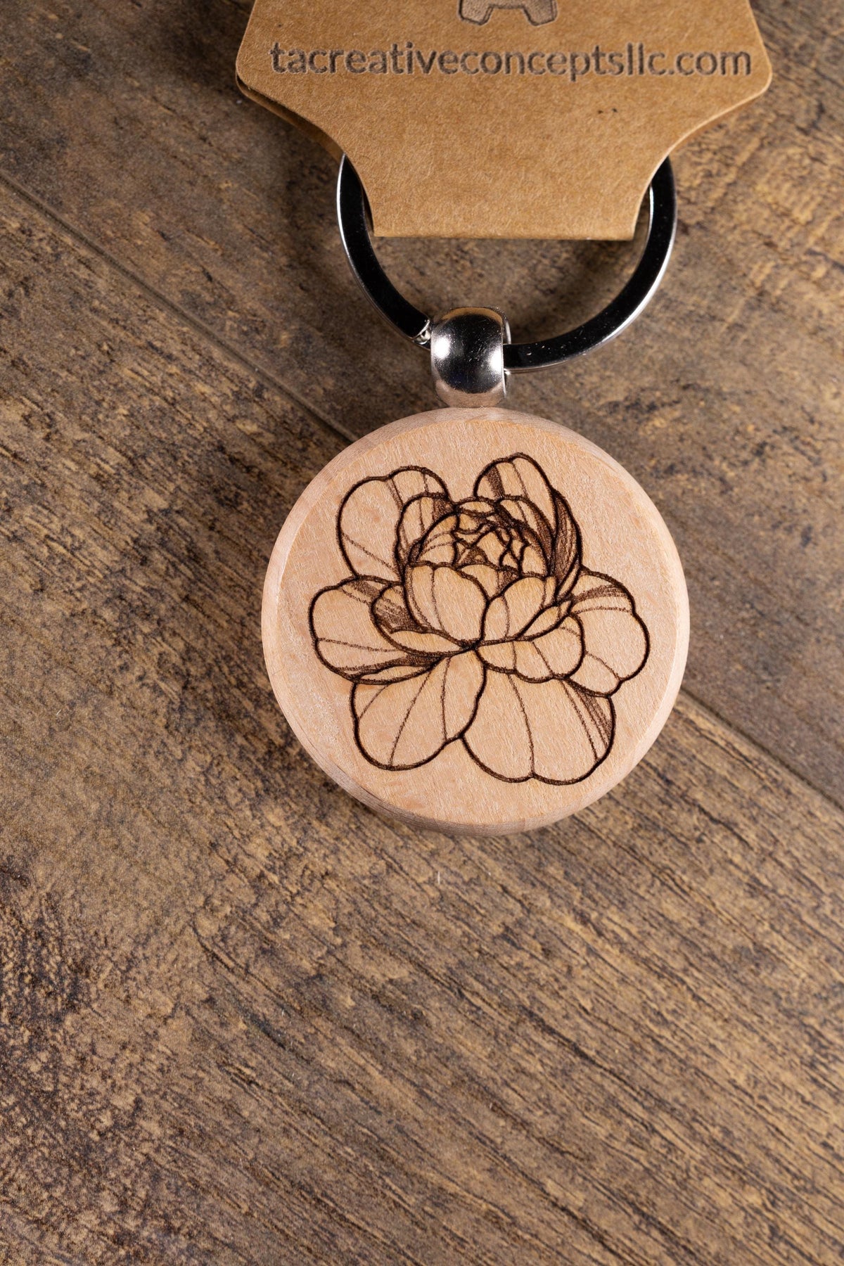Peony Wood Keychain – Laser Engraved Floral Wood Charm with Stainless Steel Ring