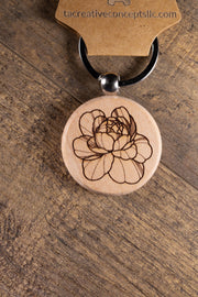 Peony Wood Keychain – Laser Engraved Floral Wood Charm with Stainless Steel Ring