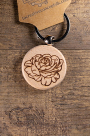 Peony Wood Keychain – Laser Engraved Floral Design | Hardwood & Stainless Steel Ring