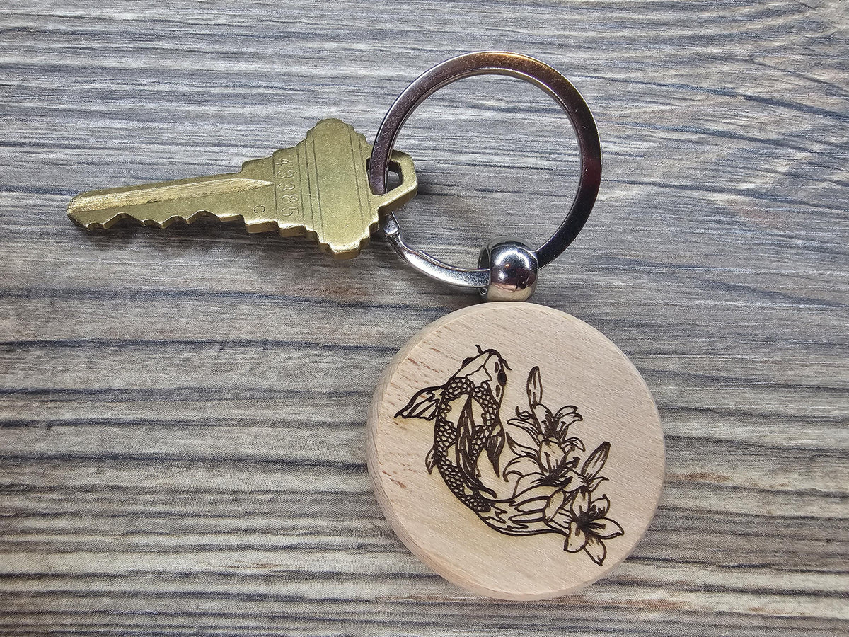 Koi Fish Keychain - Hardwood Laser Engraved Charm with Rust Resistant Ring