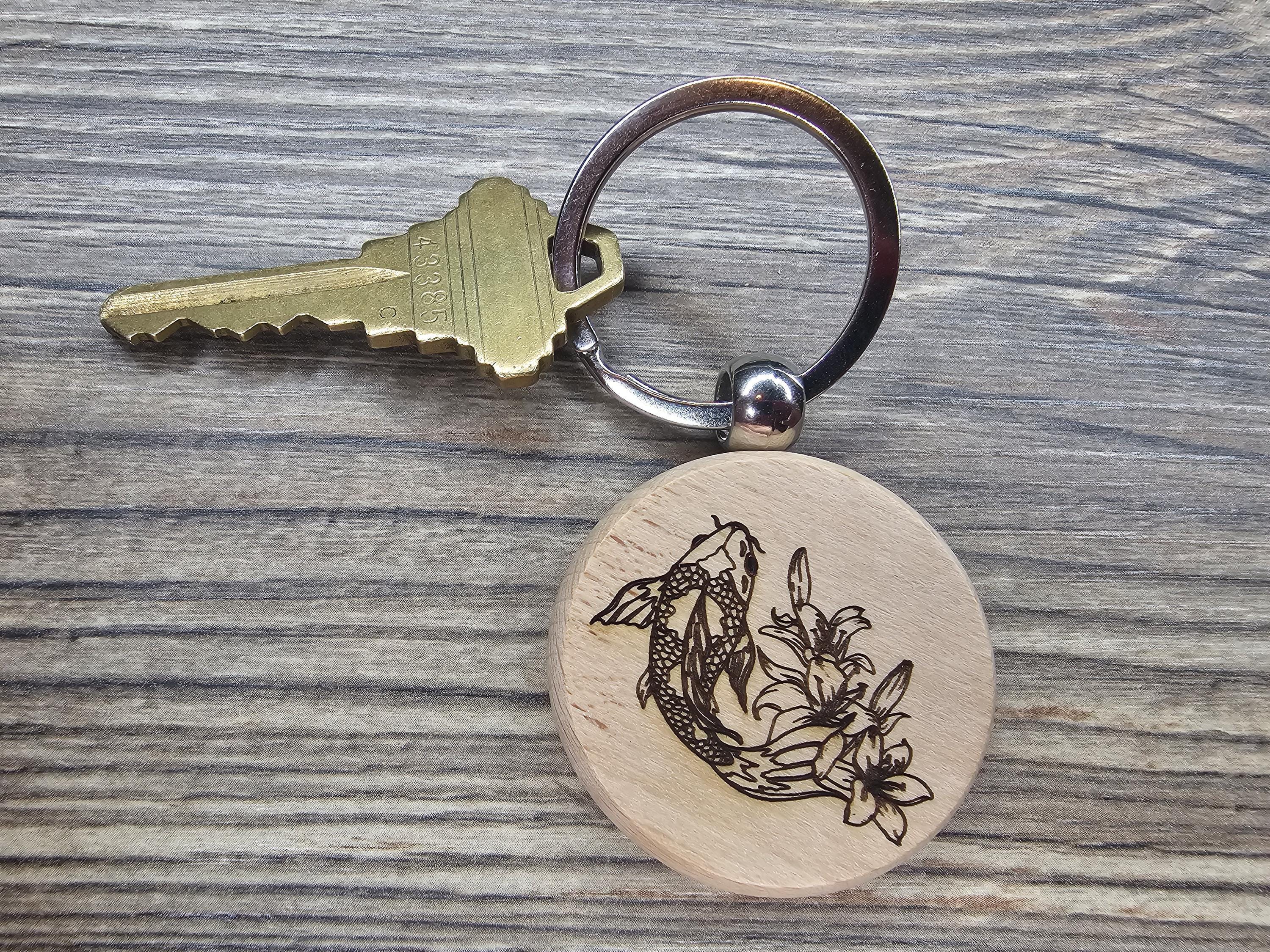 Koi Fish Keychain - Hardwood Laser Engraved Charm with Rust Resistant Ring