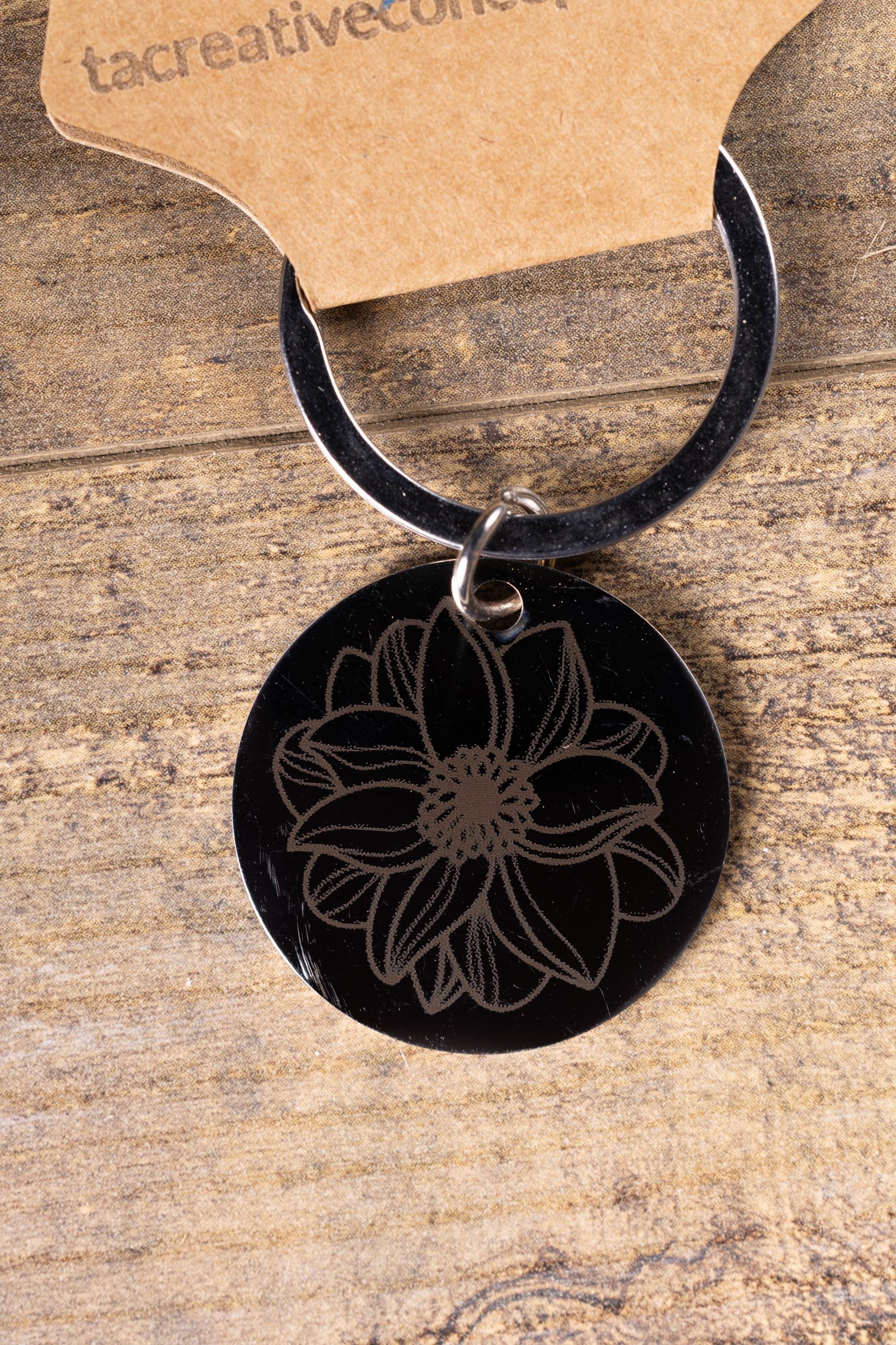 Mandala Flower Keychain – Black Stainless Steel, Double-Sided Engraved Charm