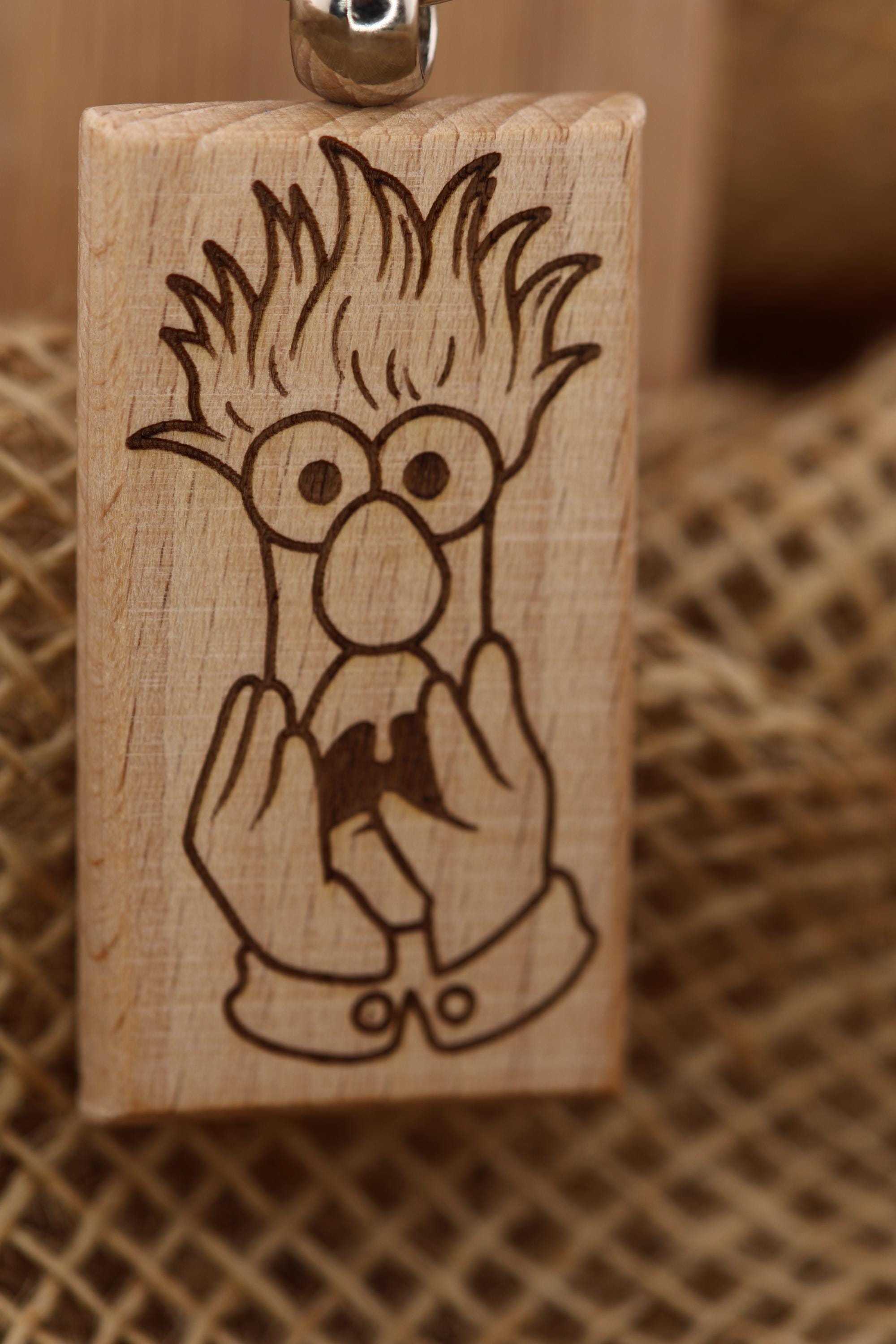 Beaker Muppets Keychain - Double Sided Laser Engraved Wood Charm With Stainless Steel Ring