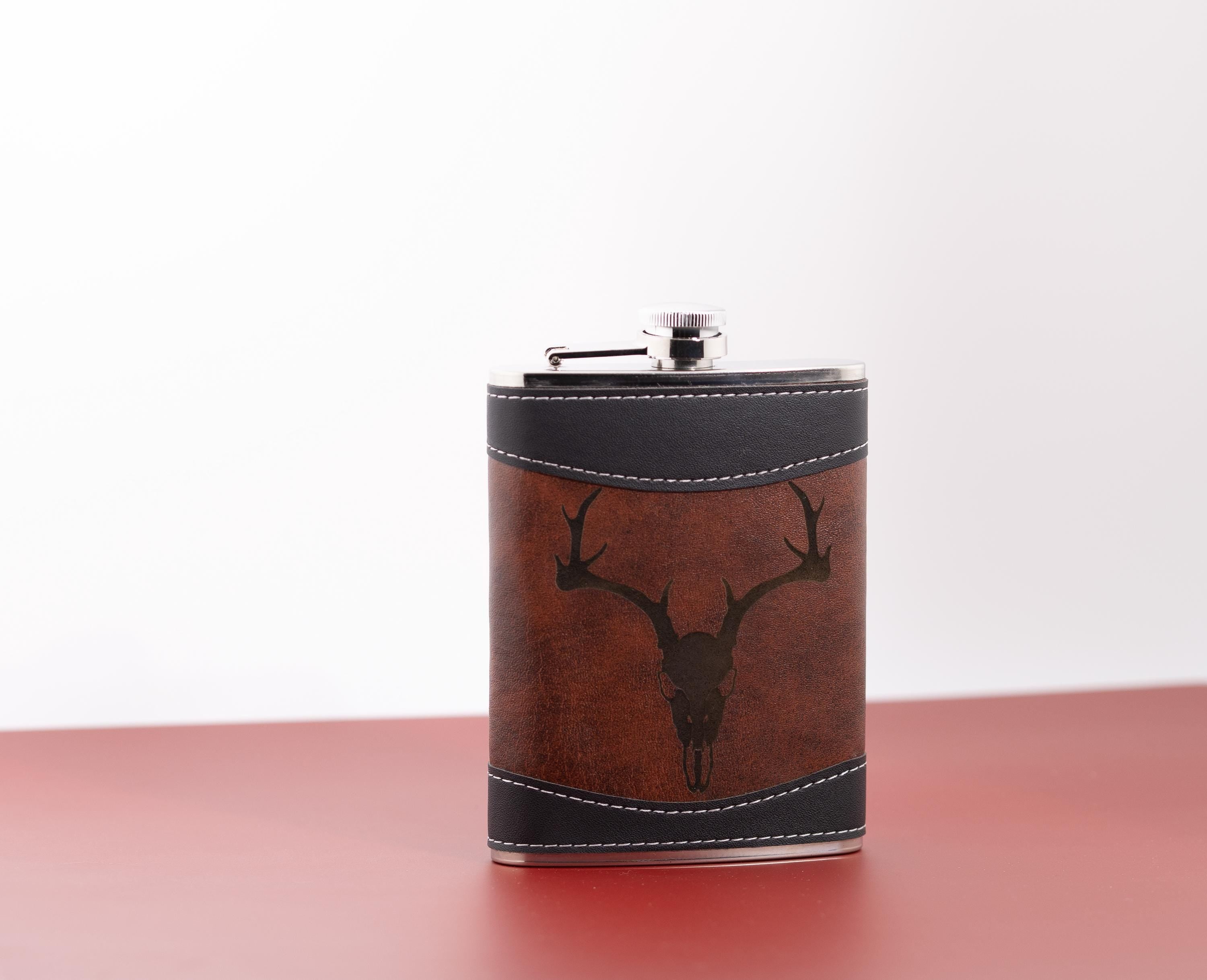 Leather Flask – 8oz Stainless Steel Travel Flask with Gothic Deer Skull Design