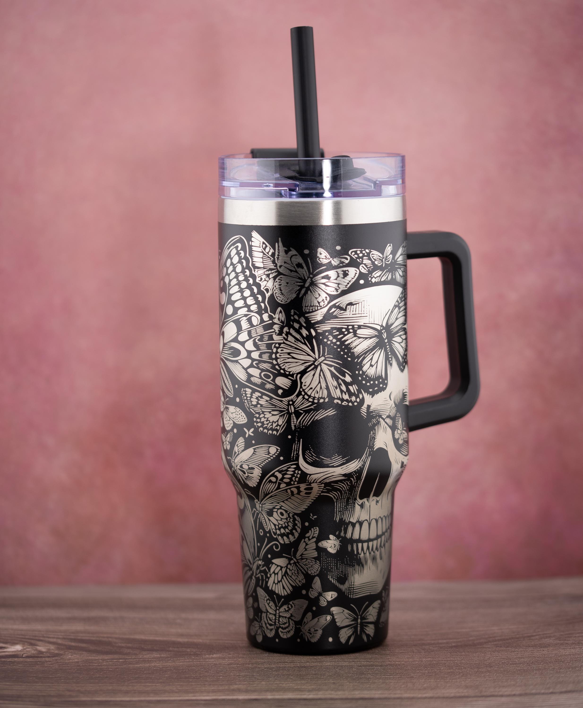 Skulls and Butterflies Tumbler – 40oz Double Wall Insulated Cup | Stainless Steel, Straw Lid