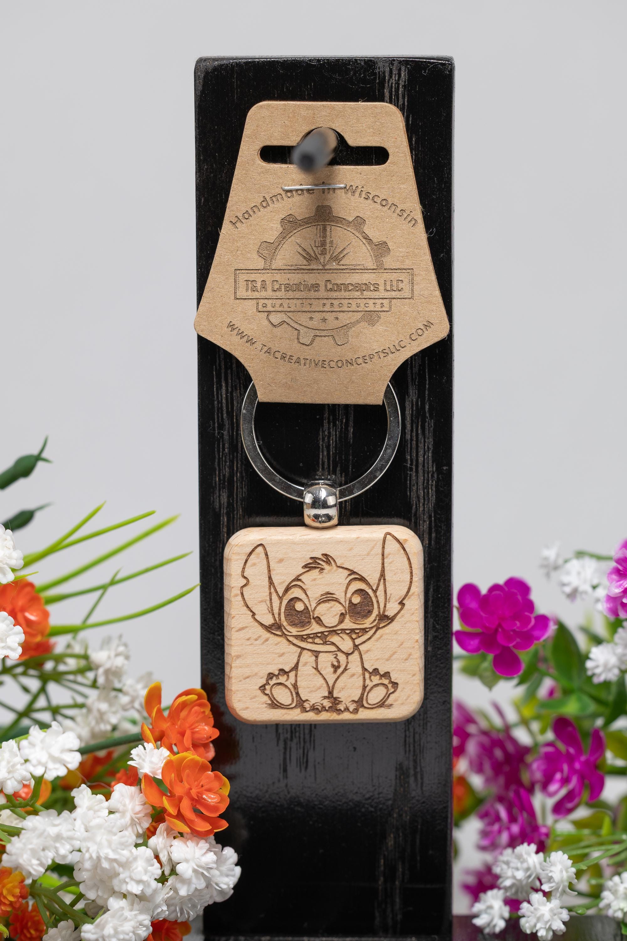 Alien Stitch Keychain – Double Sided Laser Engraved Wooden Key Ring | Cute Cartoon Gift