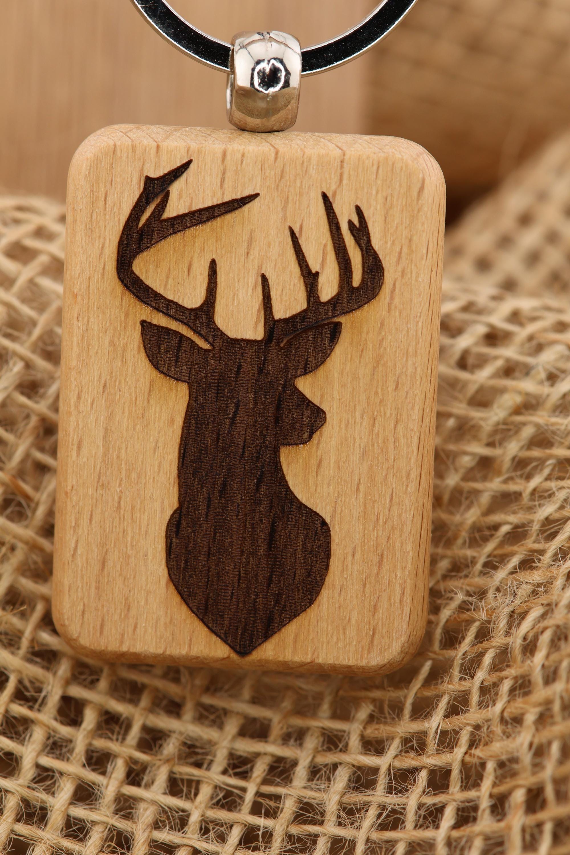 Buck Silhouette Keychain - Hardwood Laser Engraved Double Sided With Stainless Steel Ring