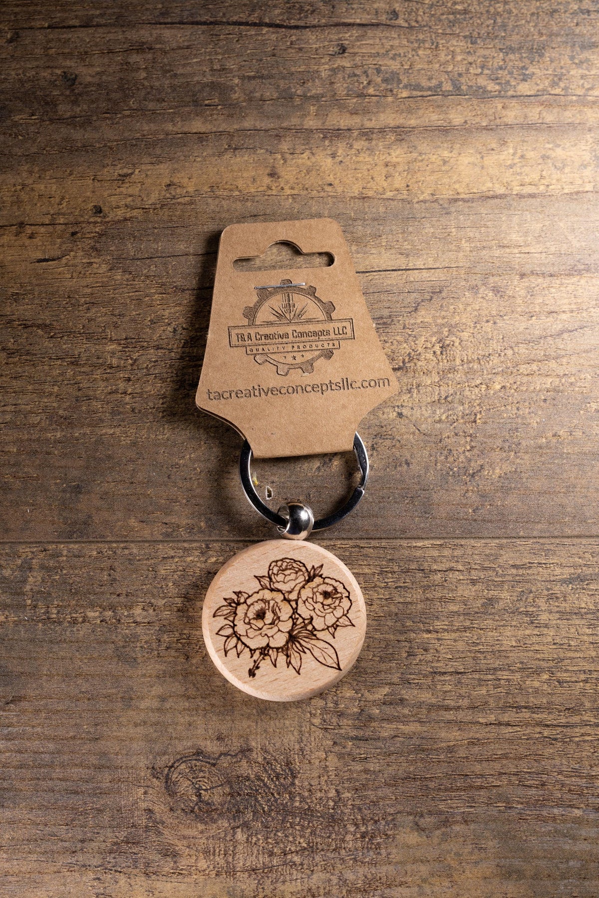 Wood Keychain – Laser Engraved Peony Bouquet Floral Charm | Maple, Cherry, Walnut