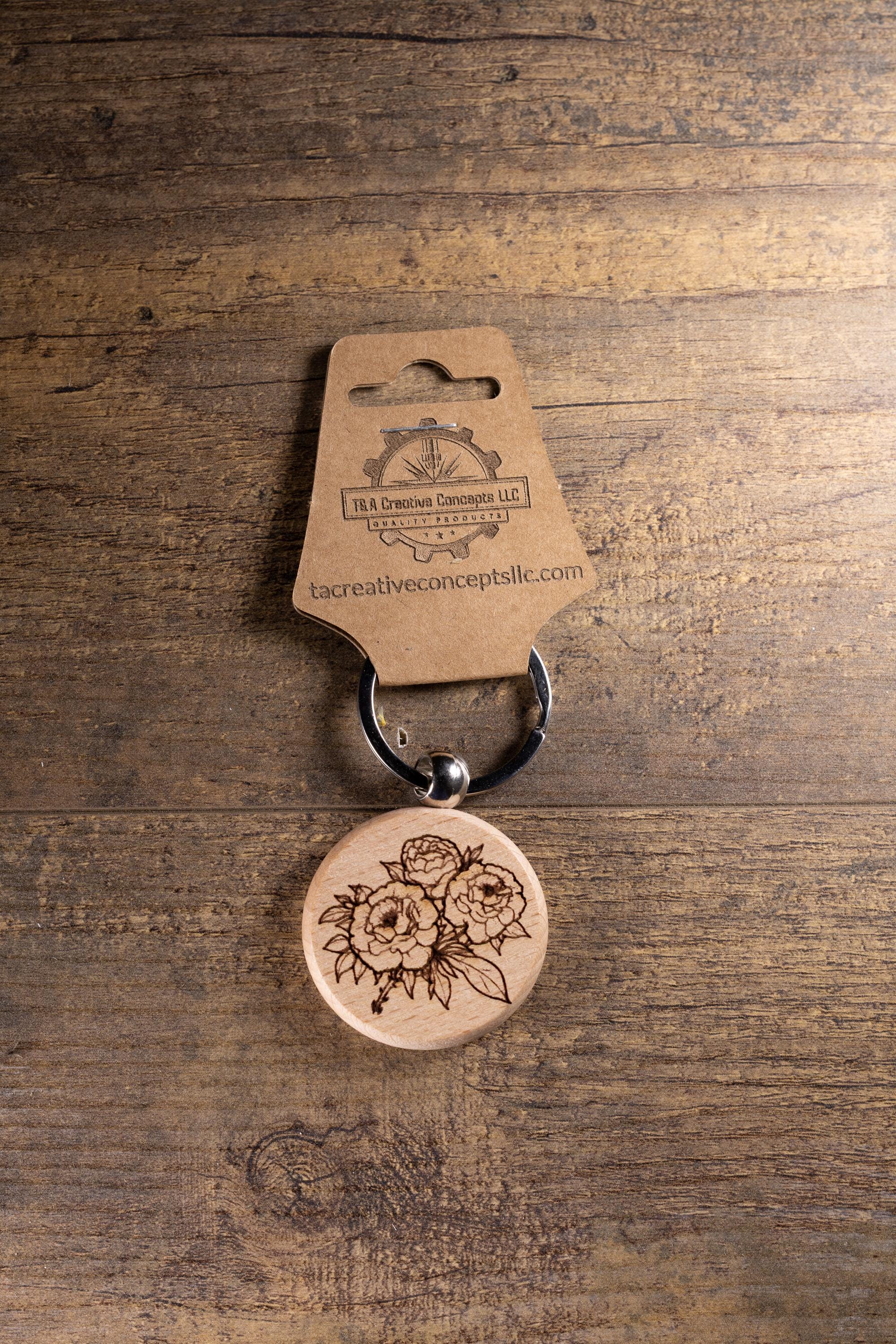 Wood Keychain – Laser Engraved Peony Bouquet Floral Charm | Maple, Cherry, Walnut
