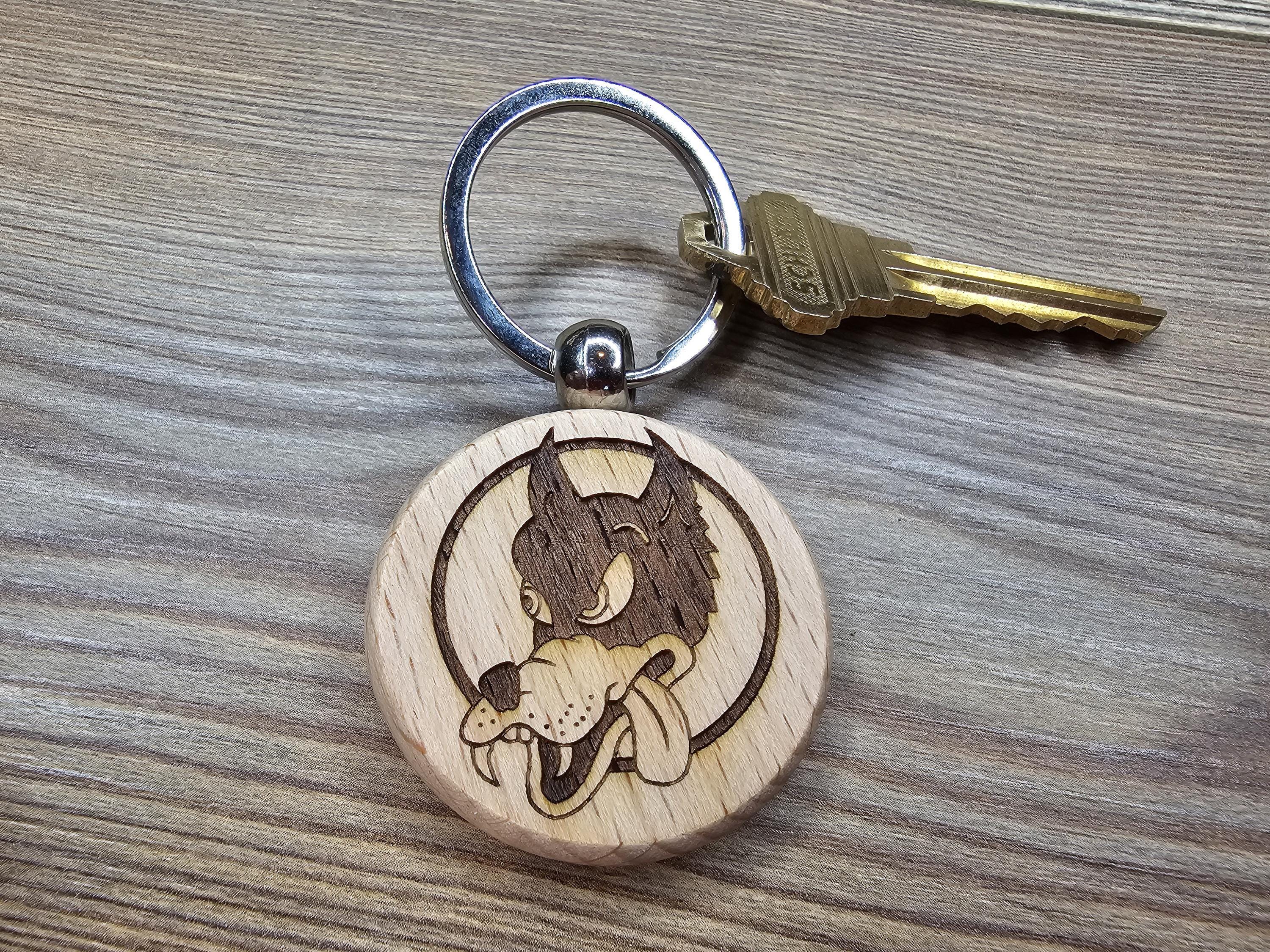 Grateful Dead Keychain – Double Sided Wooden Dire Wolf Design With Stainless Steel Ring