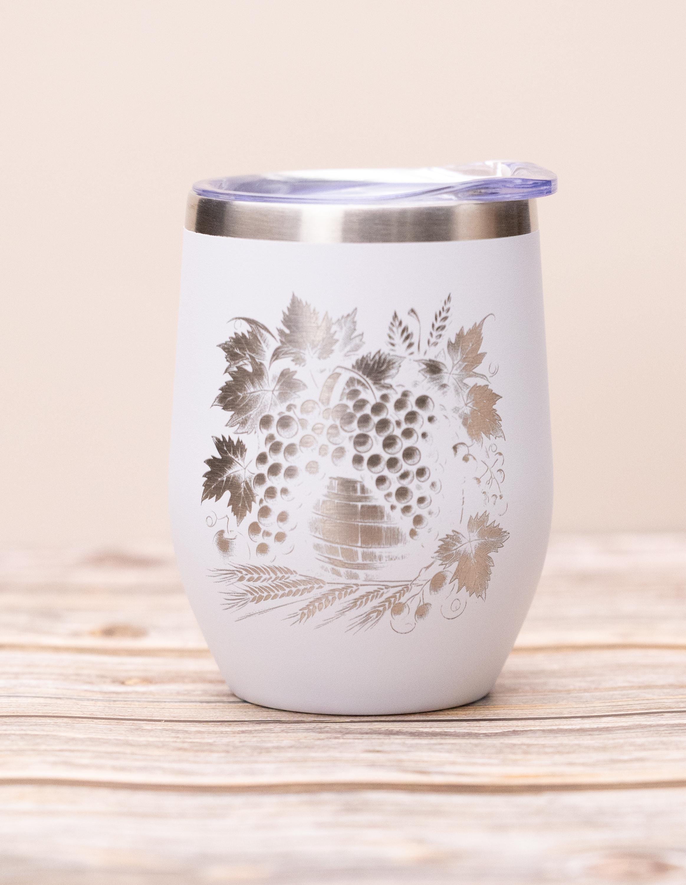 Wine Tumbler - Stainless Steel Cup With Spill Proof Lid & Laser Engraved Grape Design