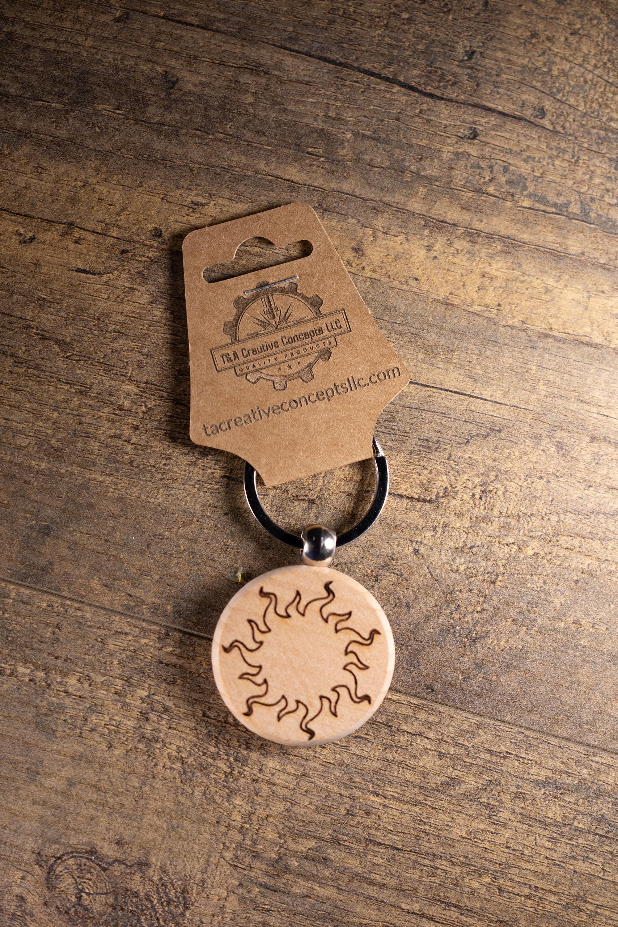 Wood Sun Keychain - Laser Engraved Solid Hardwood Charm | Stainless Steel Ring