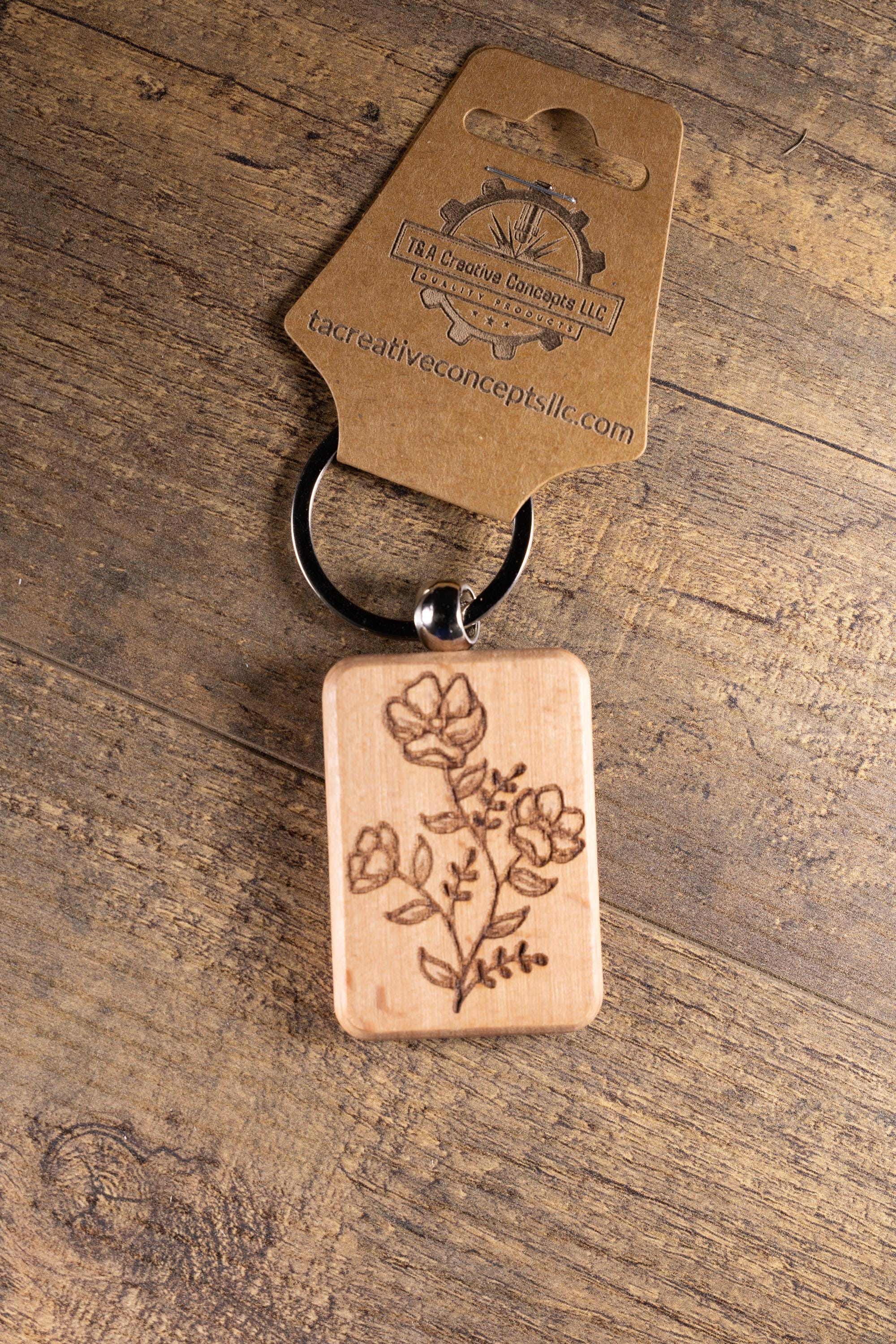 Wood Floral Keychain – Laser Engraved Charm with Solid Hardwood & Stainless Steel Hardware