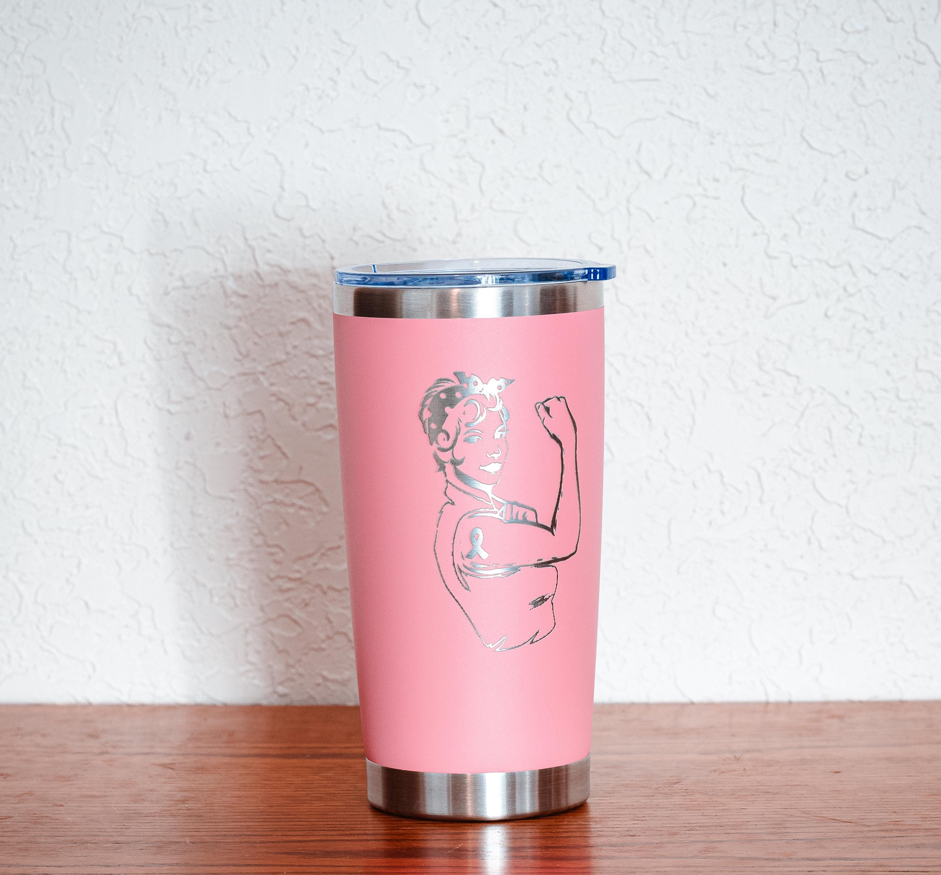 Pink Rosie The Riveter Tumbler - 20oz Stainless Steel Cup, Breast Cancer Gift