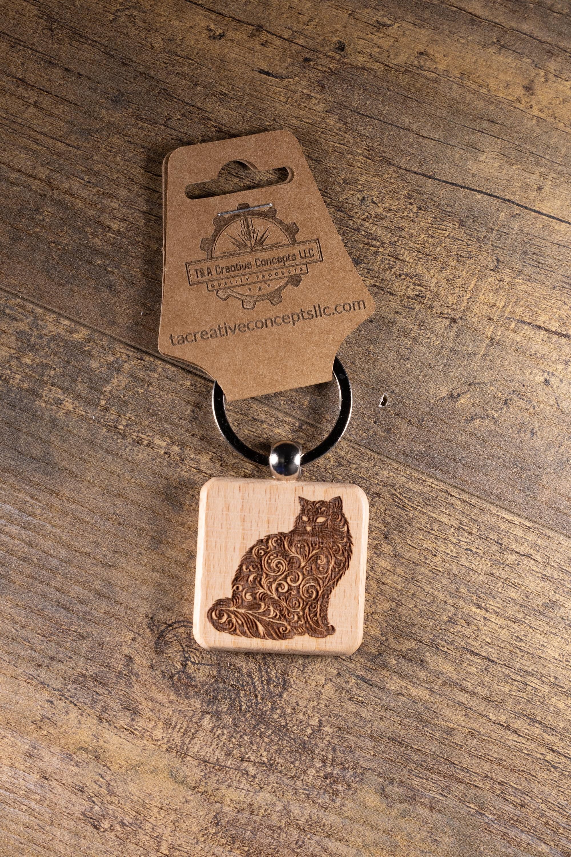 Wood Cat Keychain – Laser Engraved Hardwood | Durable Cat Pendant, Handmade Gift