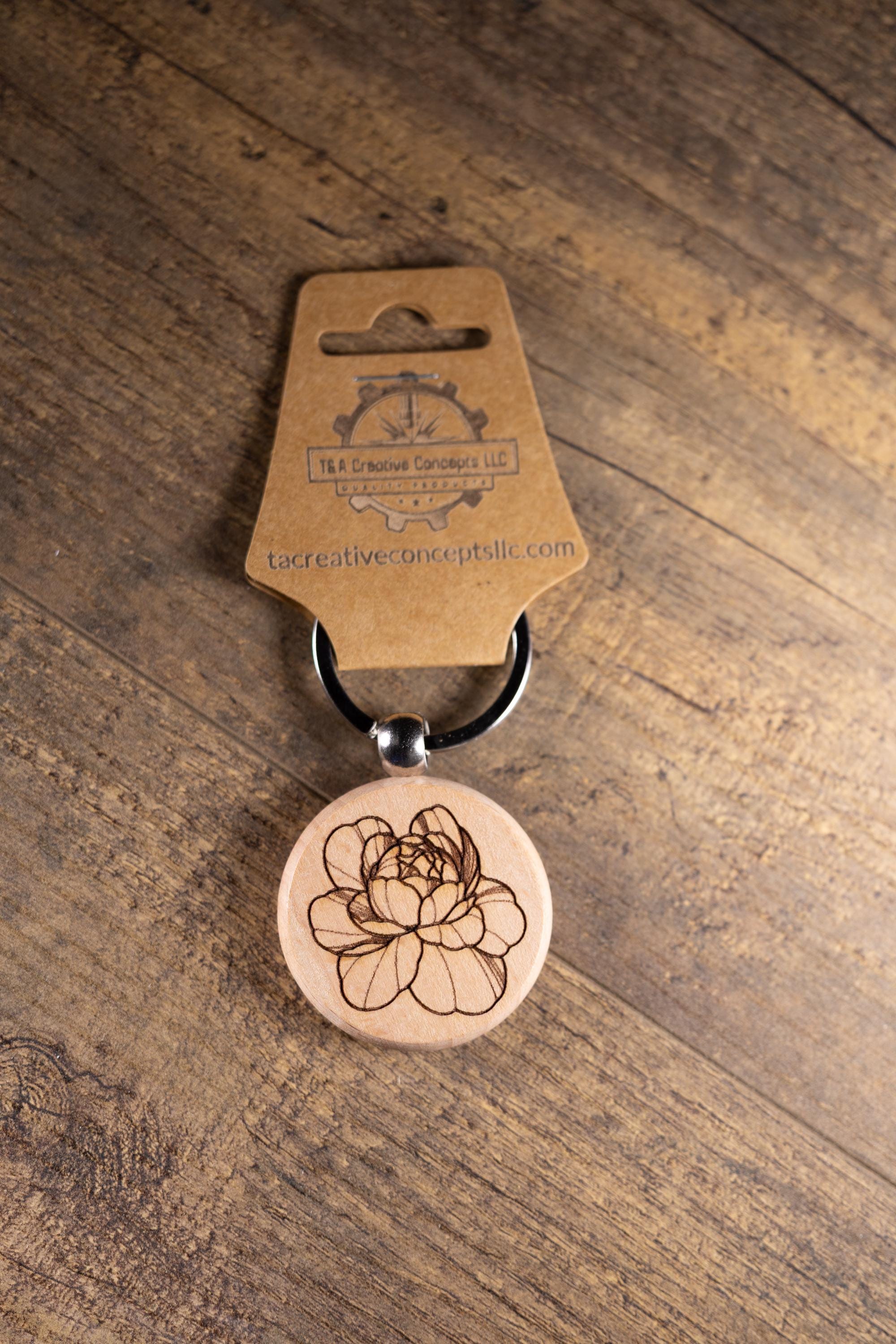 Peony Wood Keychain – Laser Engraved Floral Wood Charm with Stainless Steel Ring