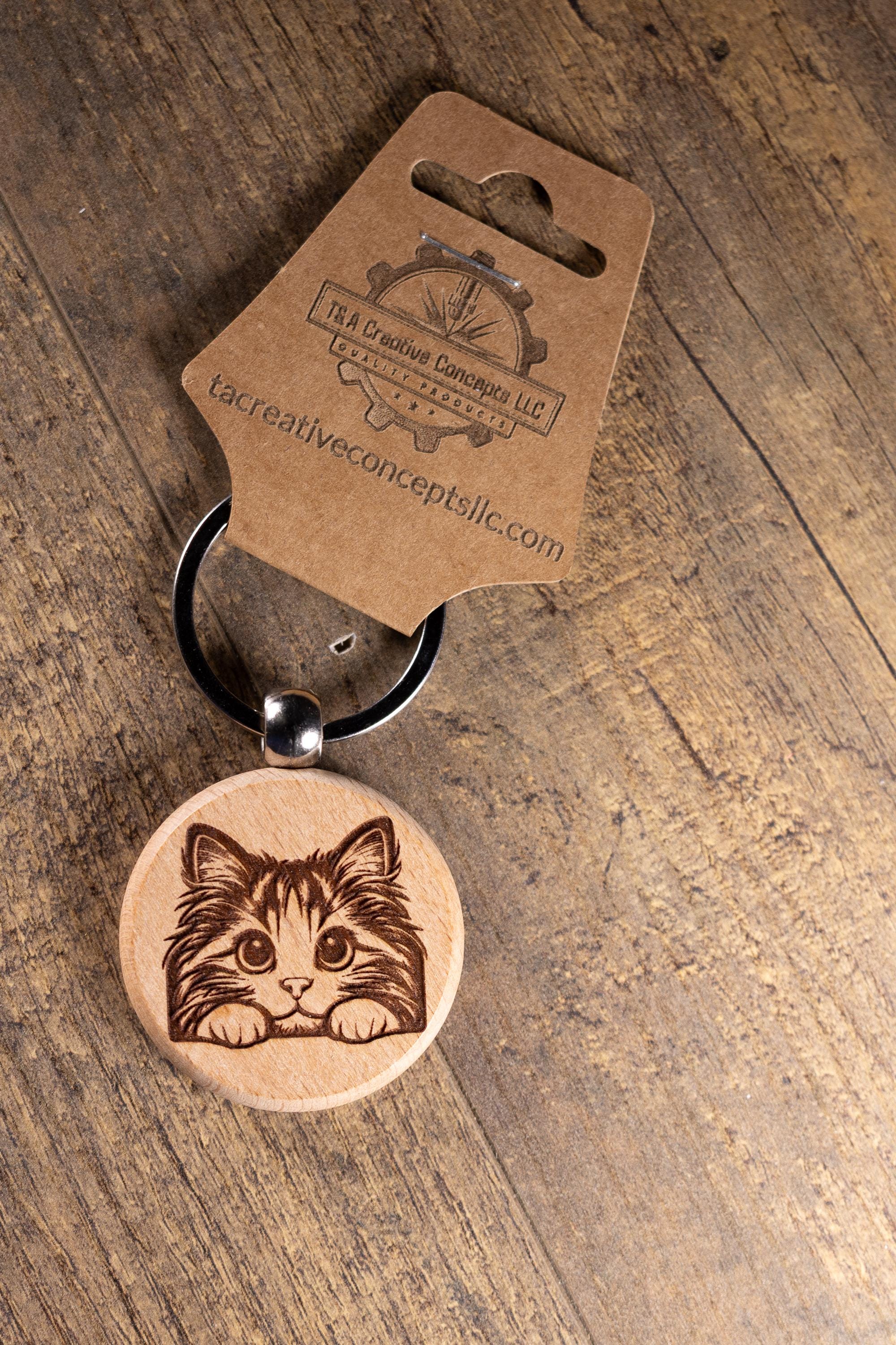Wooden Cat Keychain - Laser Engraved Wood Hardwood Bag Charm with Stainless Steel Ring