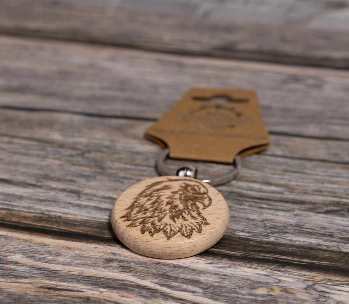 Hardwood Eagle Keychain - Rustic Laser Engraved Charm with Stainless Steel Hardware