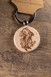 Koi Fish Keychain – Laser Engraved Hardwood With Stainless Steel Ring, Natural Finish
