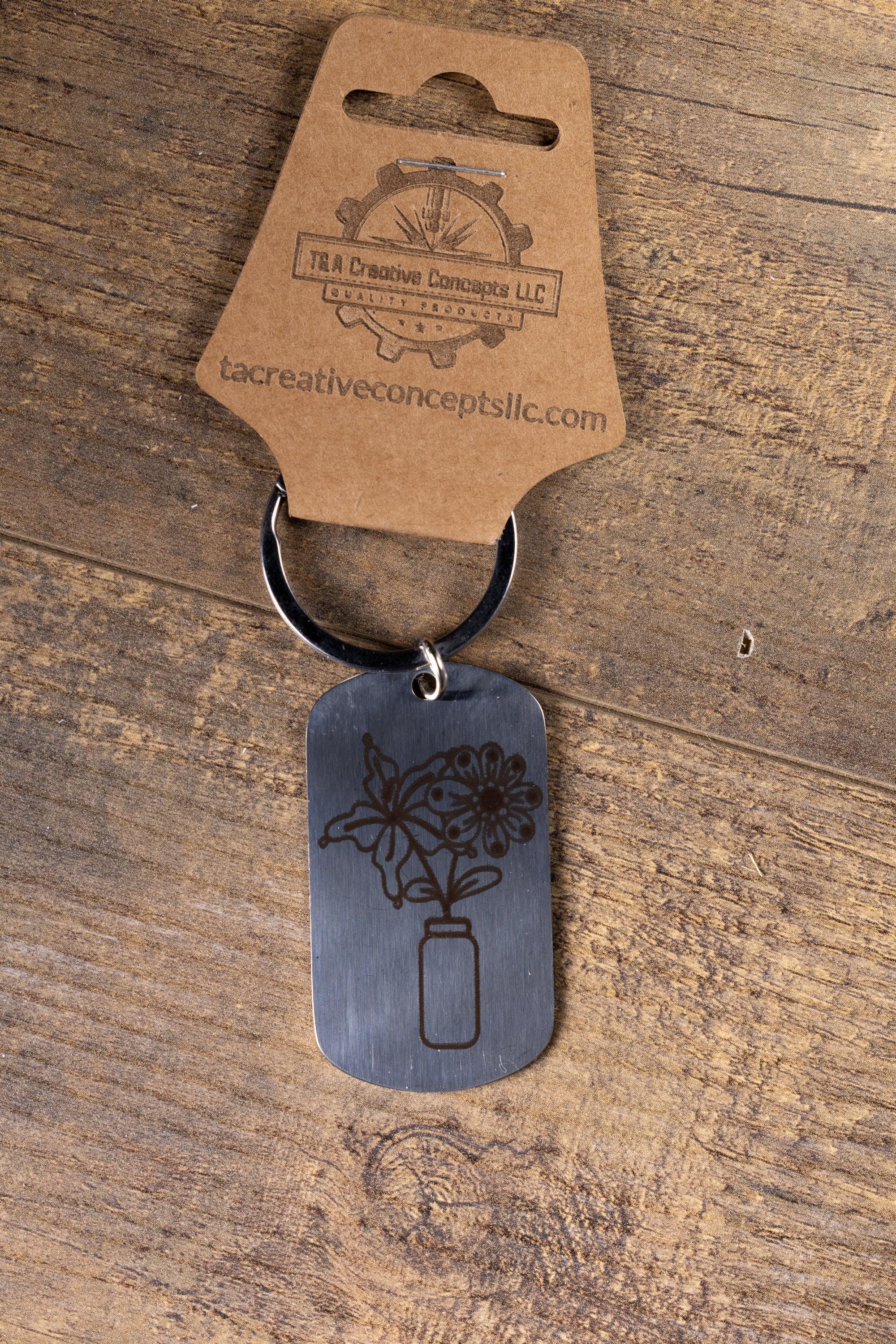 Floral Vase Keychain – Stainless Steel Engraved Floral Keepsake Accessory