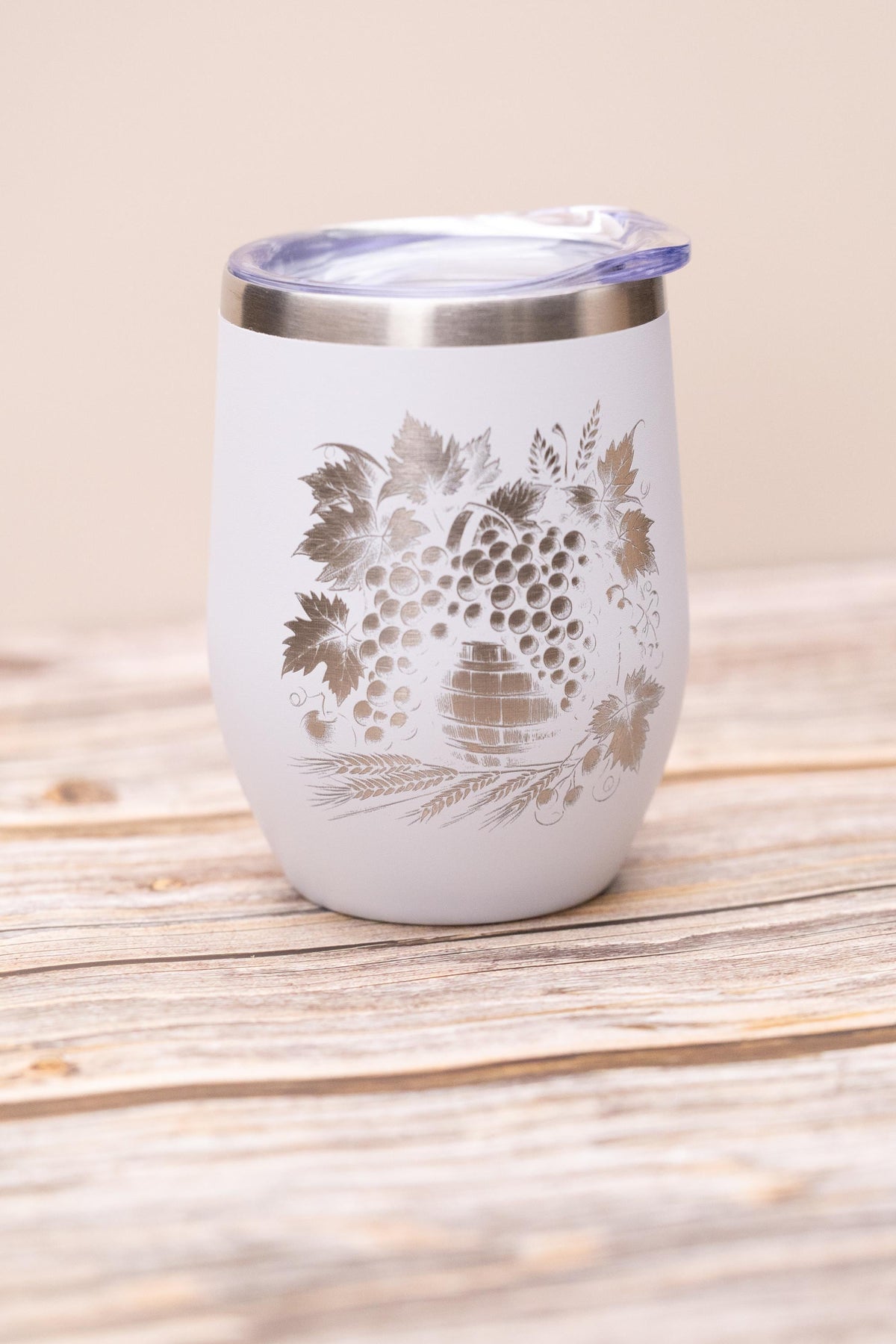 Wine Tumbler - Stainless Steel Cup With Spill Proof Lid & Laser Engraved Grape Design