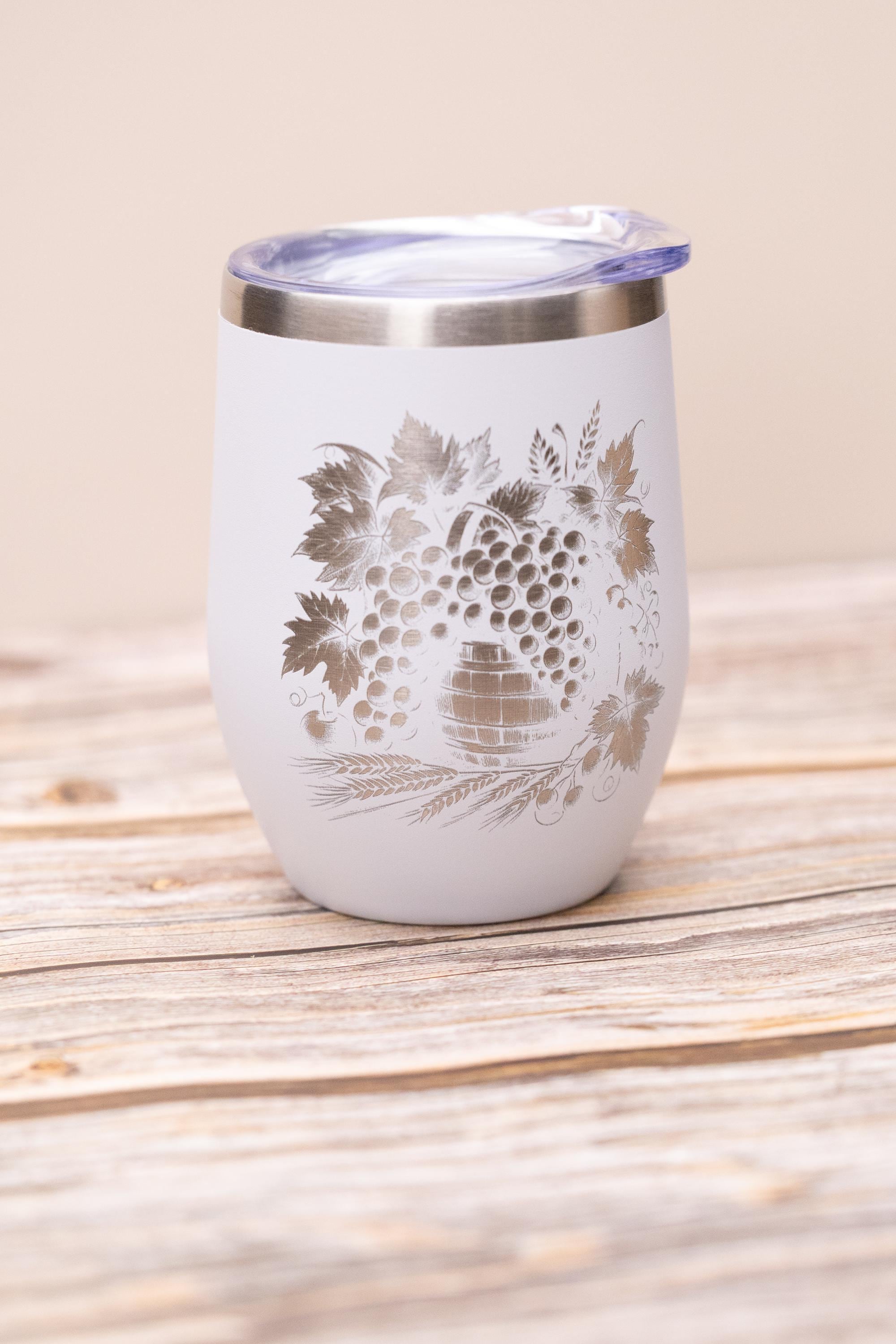 Wine Tumbler - Stainless Steel Cup With Spill Proof Lid & Laser Engraved Grape Design