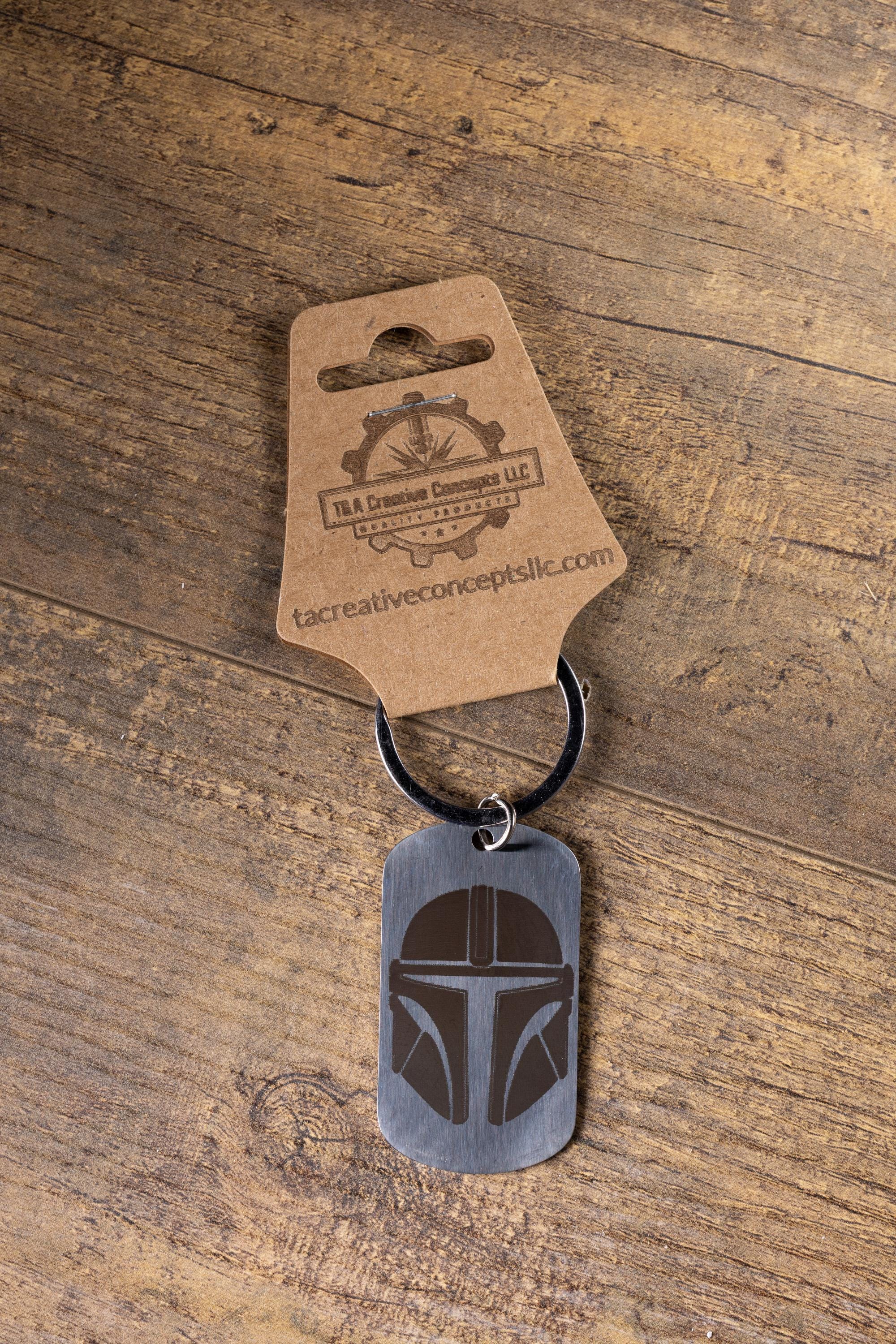 Mandalorian Keychain - Black Stainless Steel, Laser Engraved Double-Sided Design