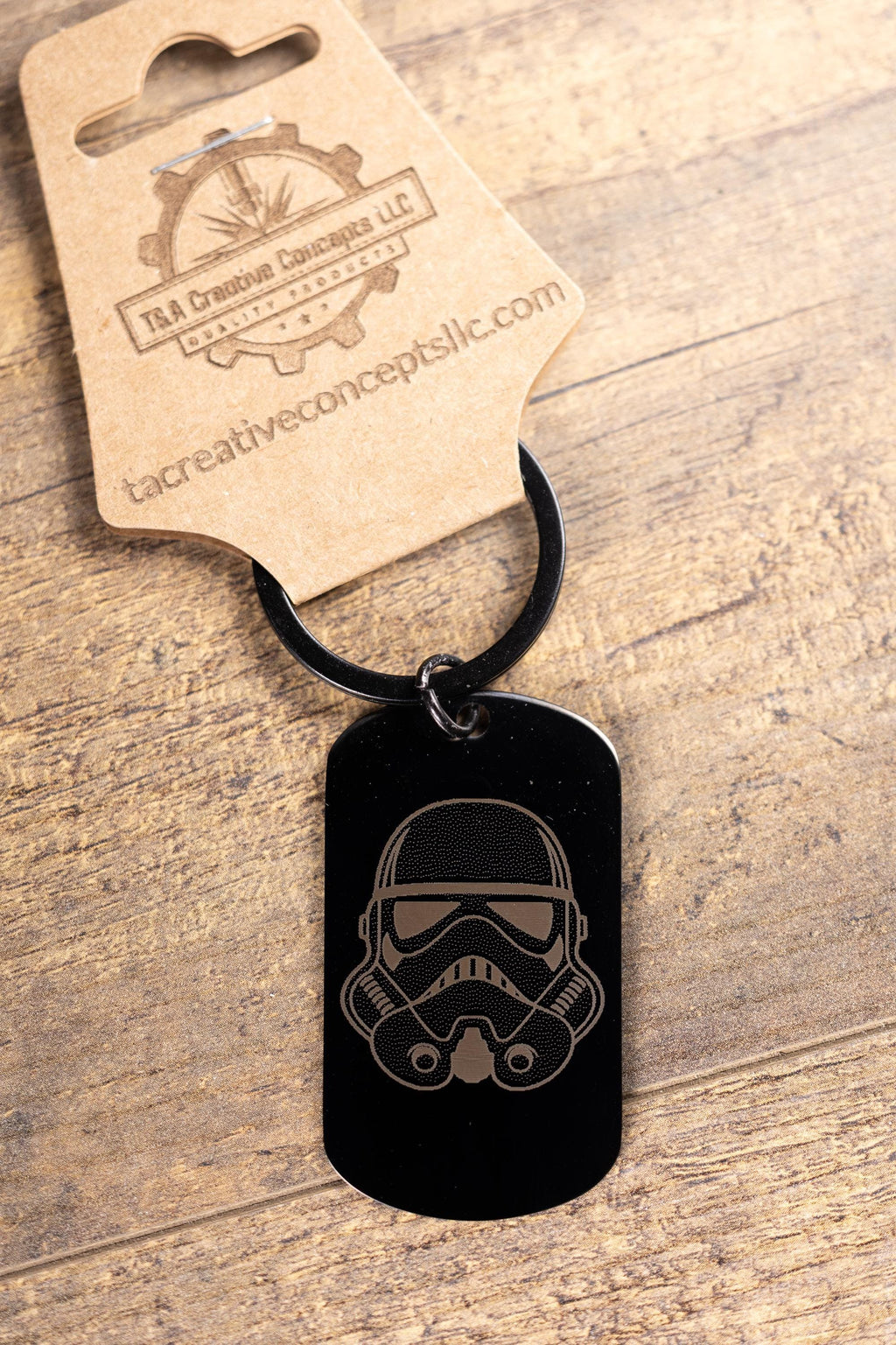 Stormtrooper Keychain - Black Stainless Steel Laser Engraved Helmet Design, Matte Finish