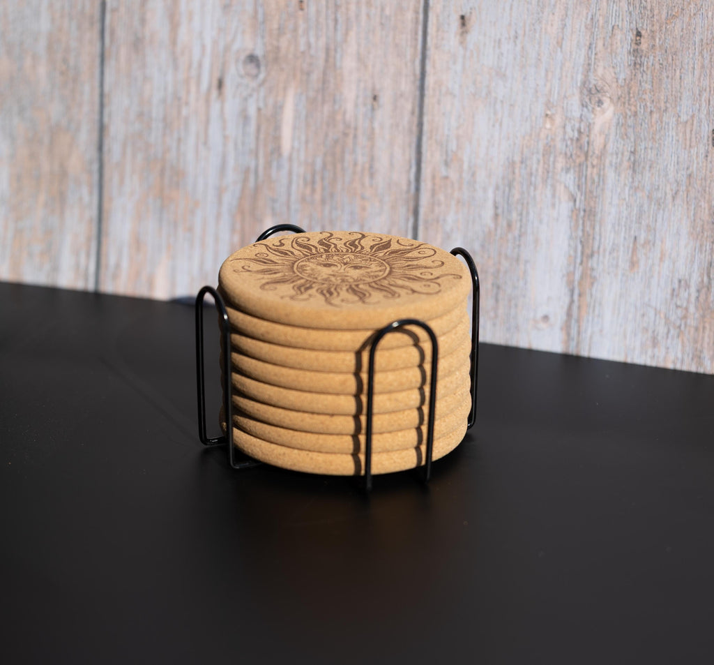 Sun Cork Coasters - Set of 8 Laser Engraved Boho Rustic Drink Mats with Holder
