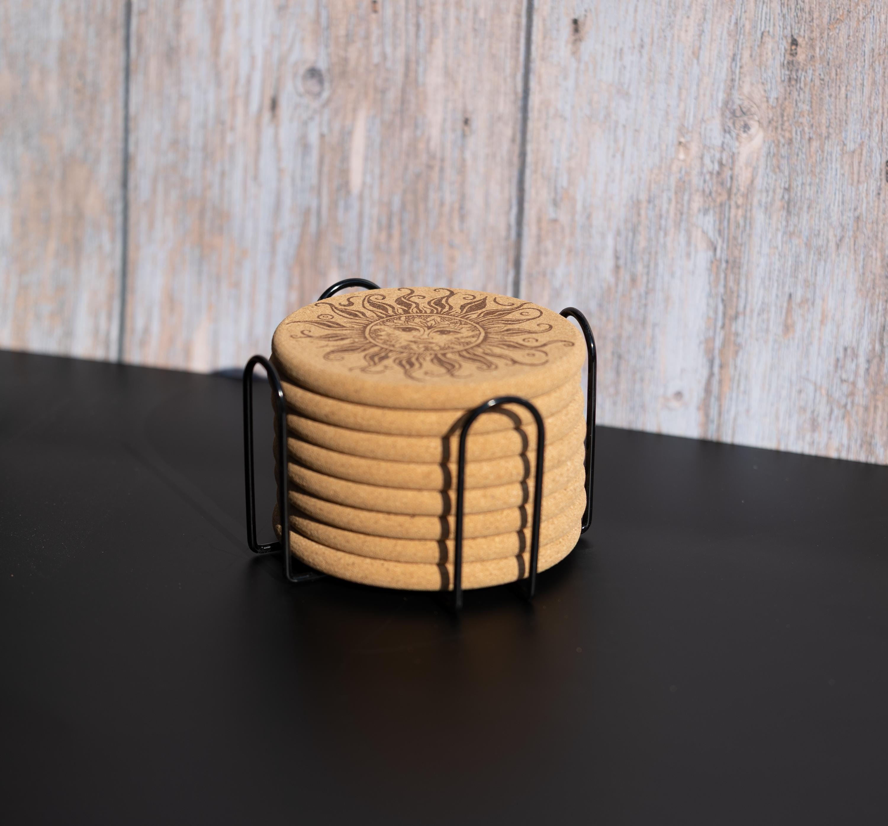 Sun Cork Coasters - Set of 8 Laser Engraved Boho Rustic Drink Mats with Holder